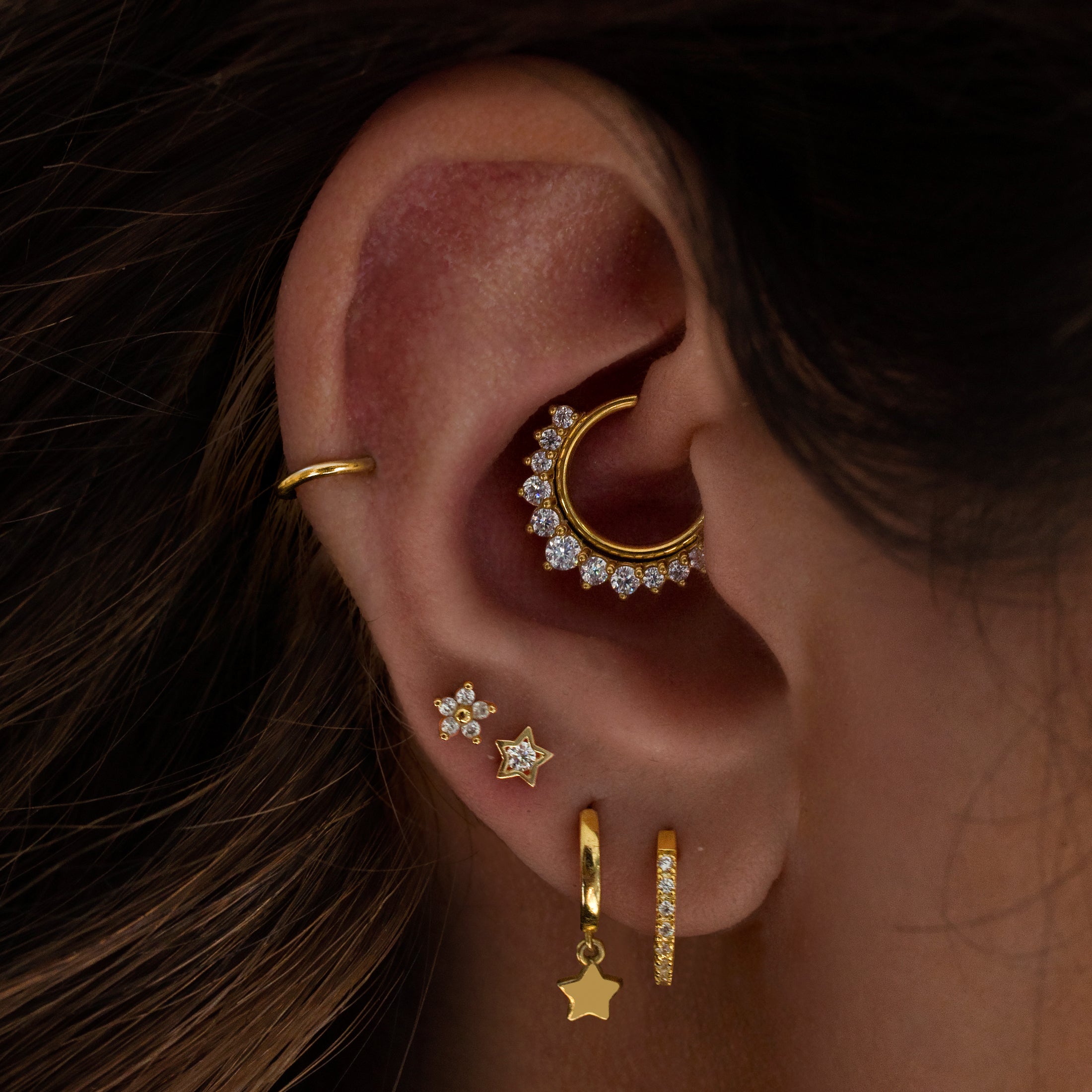 Momento Gemstone Helix Daith & Cartilage Hoop Piercing On Model - Gold