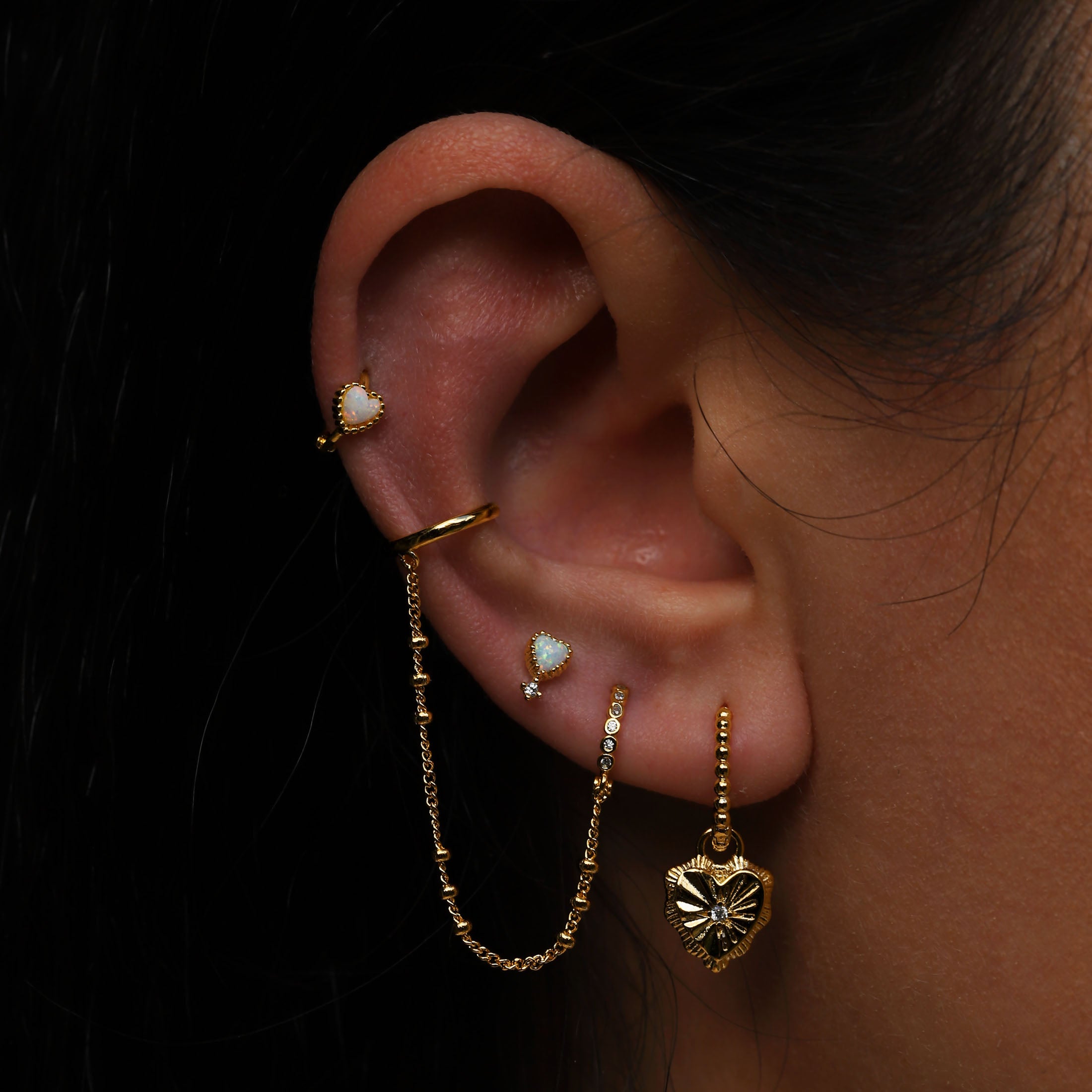 Affection Gemstone Helix Tragus Cartilage & Conch Ear Piercing On Model - Gold