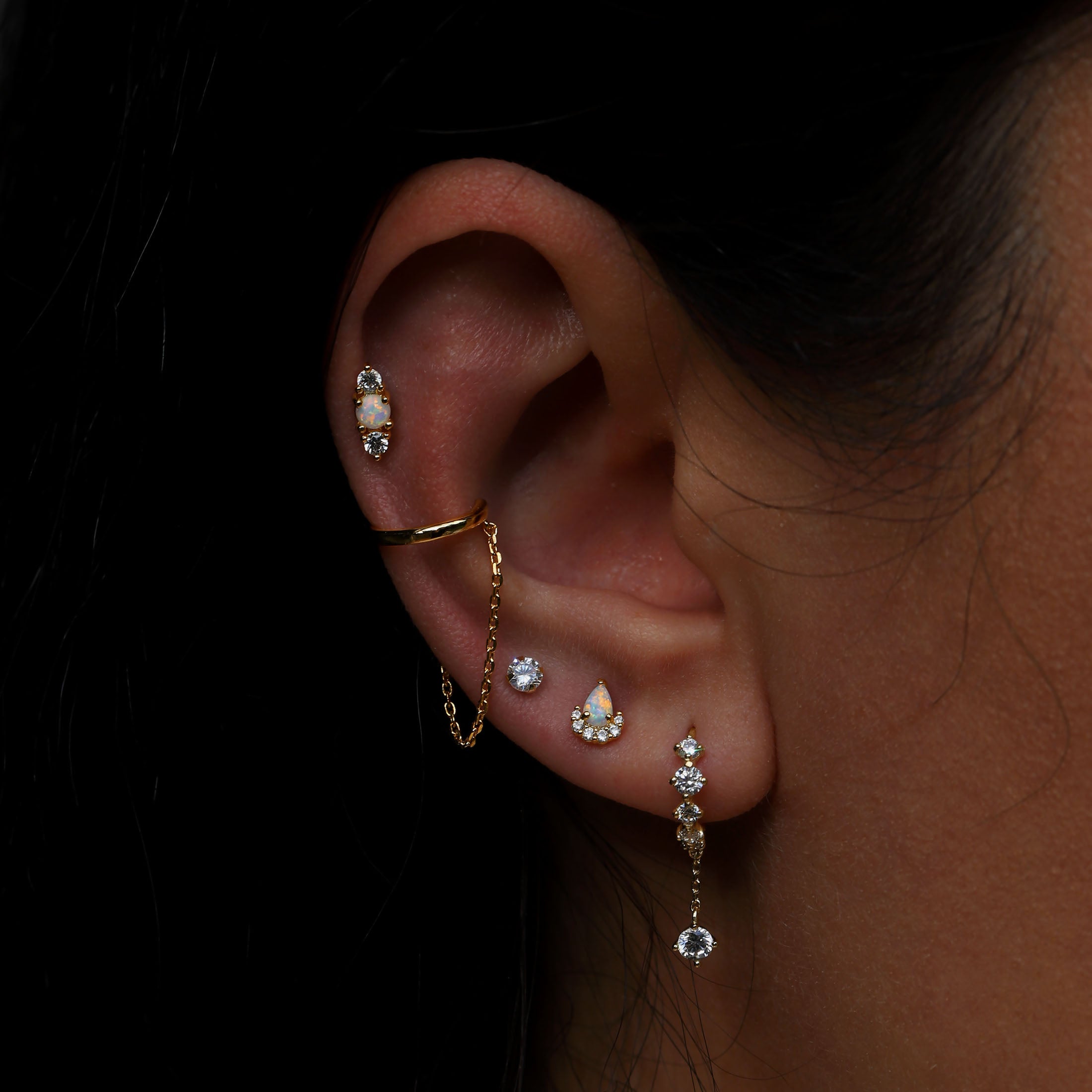 Gatsby Opal Gemstone Helix Tragus Cartilage & Conch Ear Piercing On Model - Gold