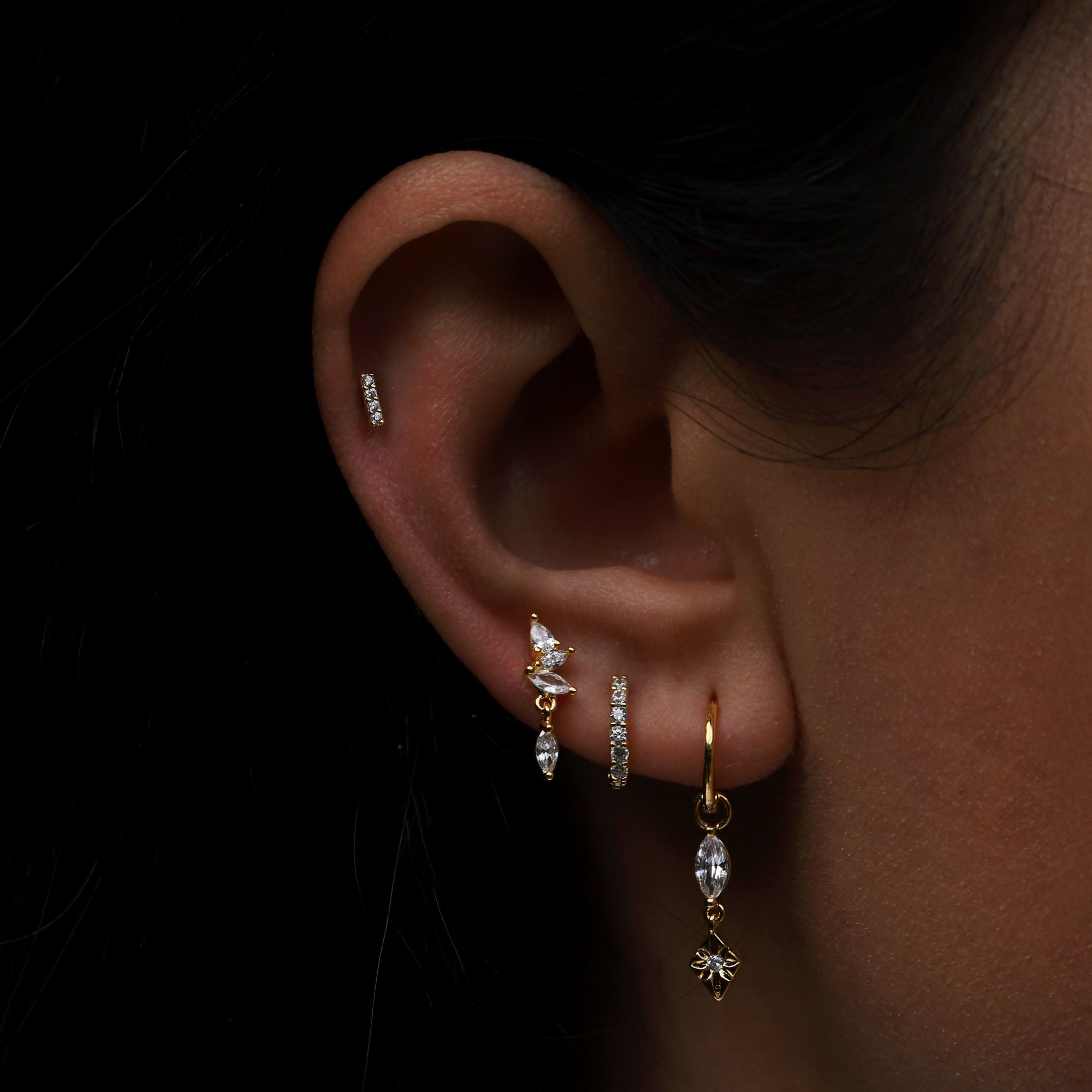 Everytime Gemstone Tragus Helix Cartilage & Conch Ear Piercing On Model - Gold