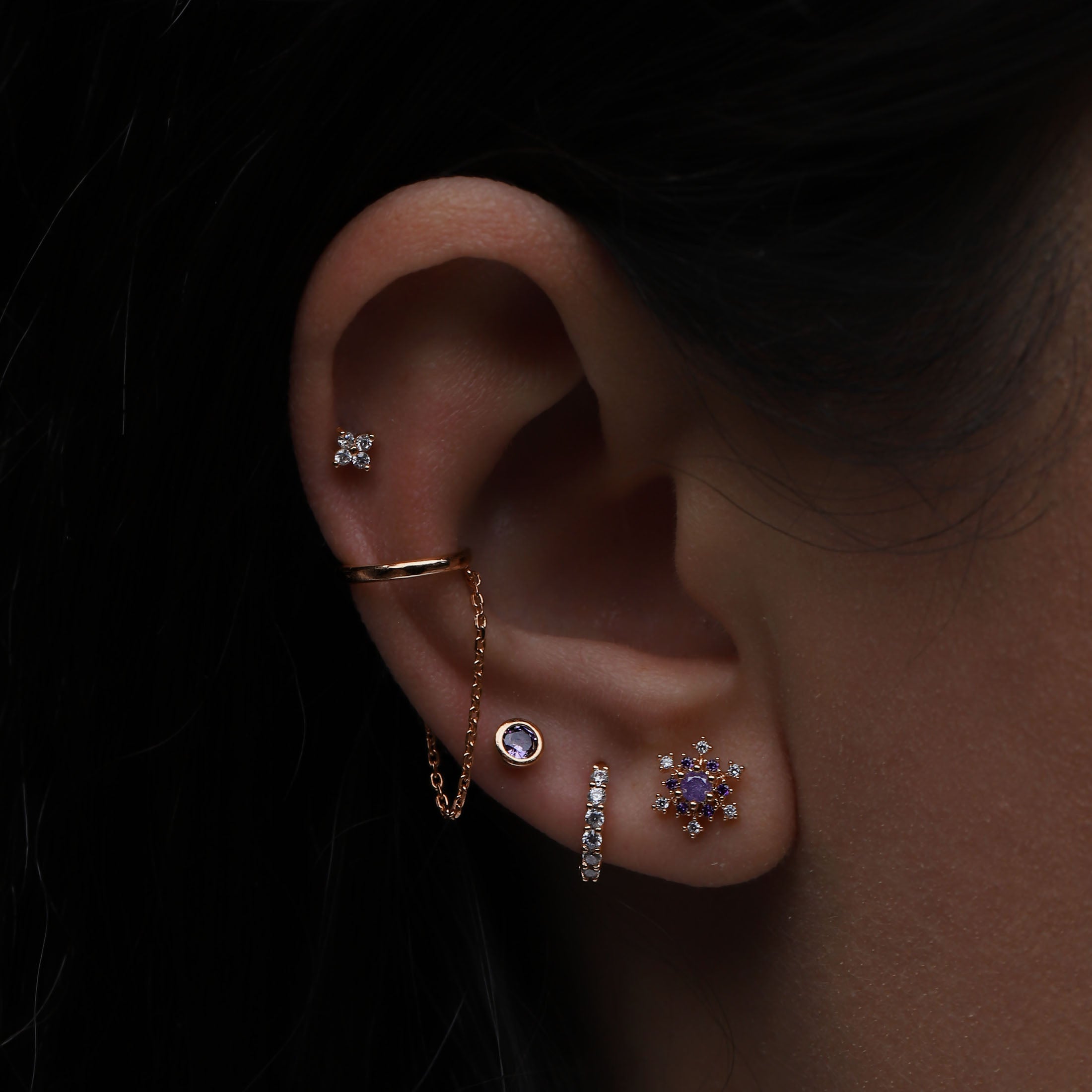 Felicity Clover Gemstone Helix Tragus Cartilage & Conch Ear Piercing On Model - Rose Gold