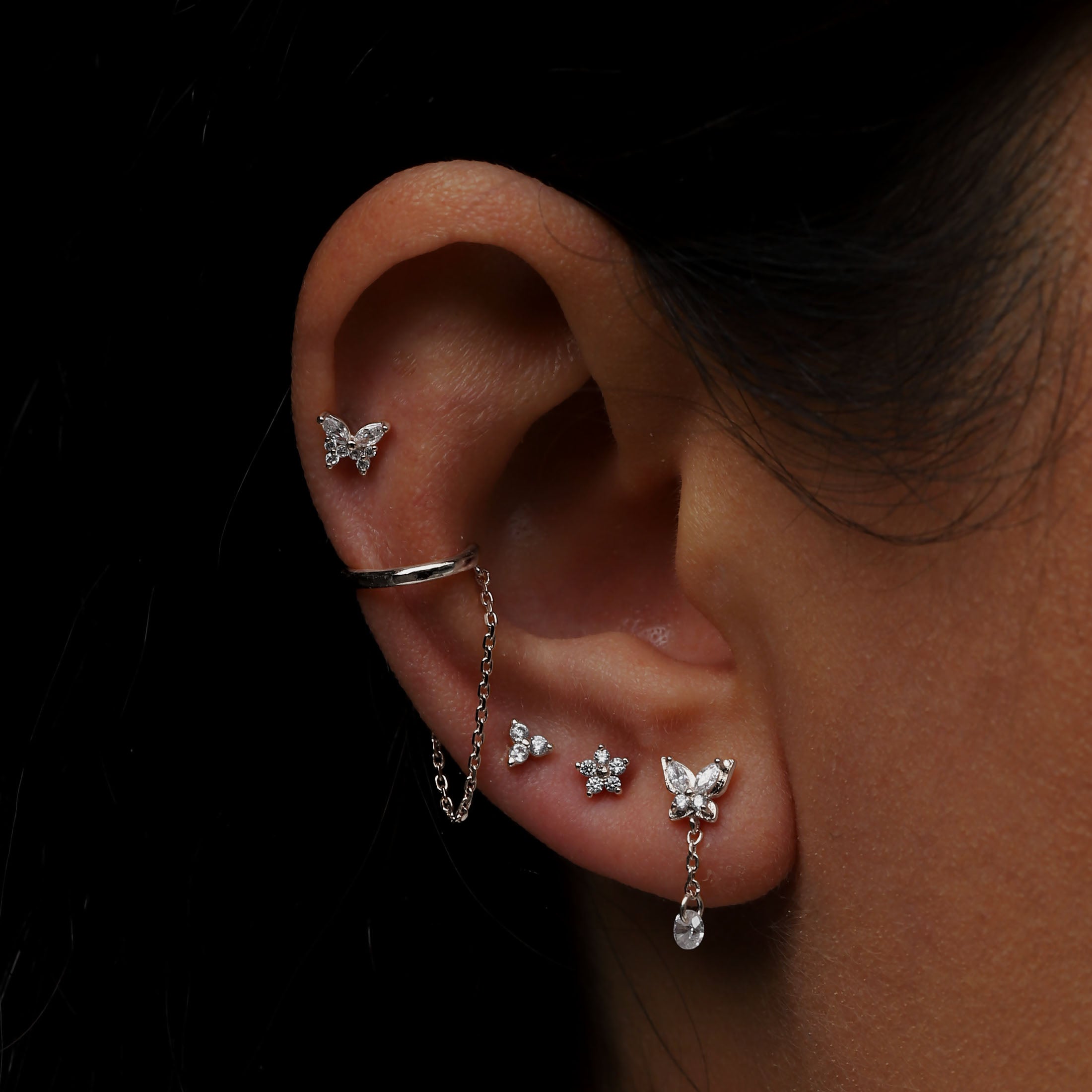 Monarch Butterfly Chain Helix Tragus & Cartilage Ear Piercing On Model - Silver
