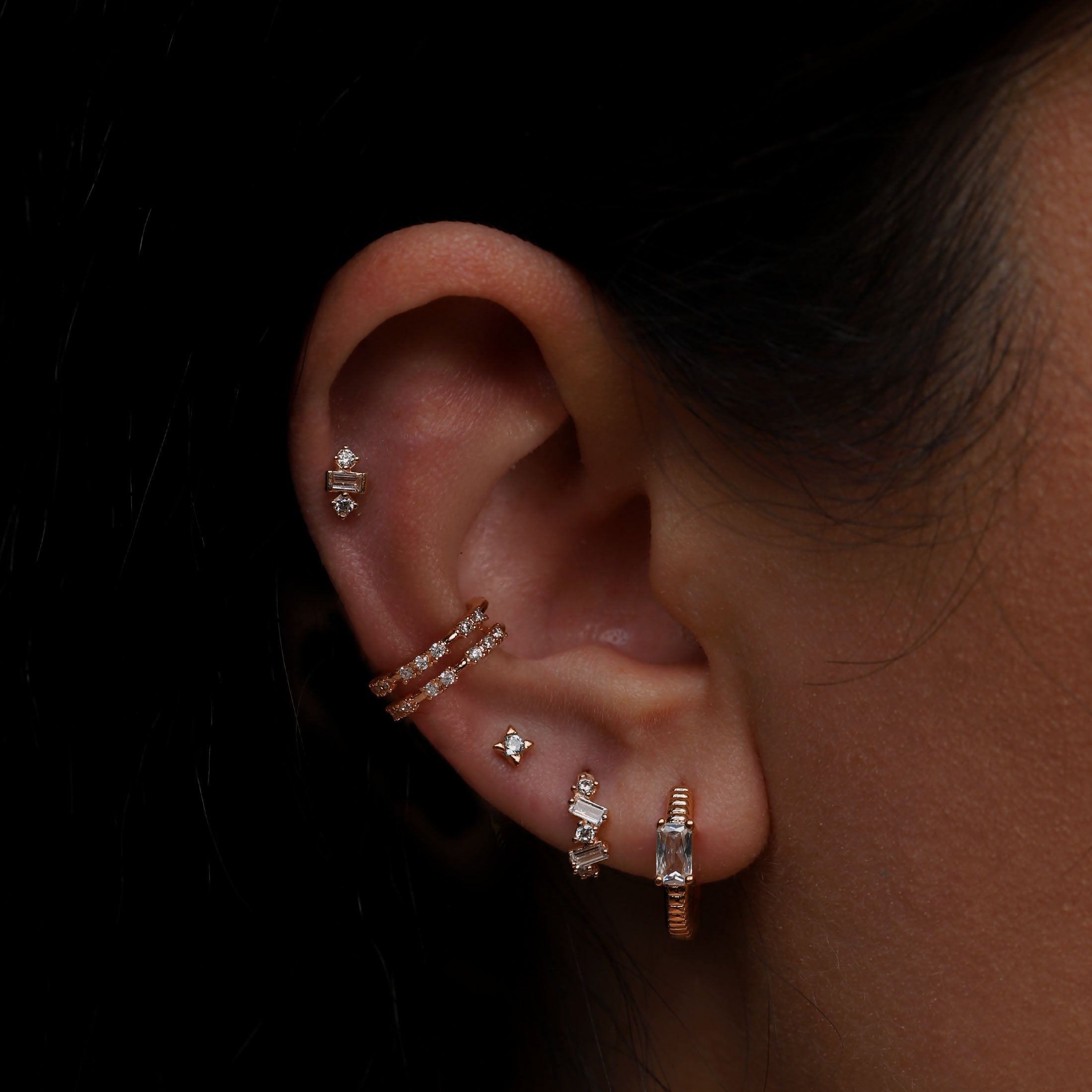Nova Star Gemstone Helix Tragus Cartilage & Conch Ear Piercing On Model - Rose Gold