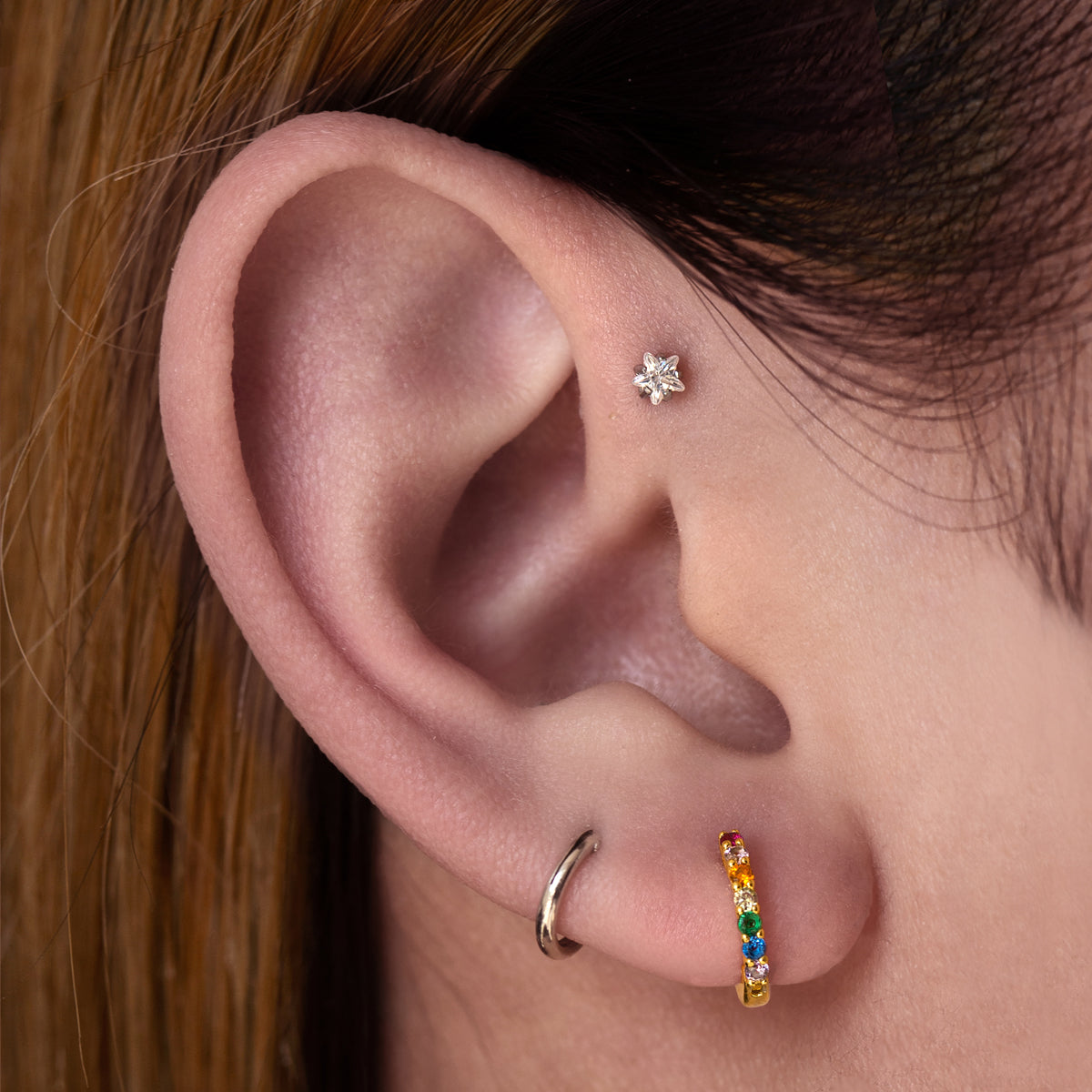 Stardrop Gemstone Helix Tragus & Cartilage Ear Piercing On Model - Silver