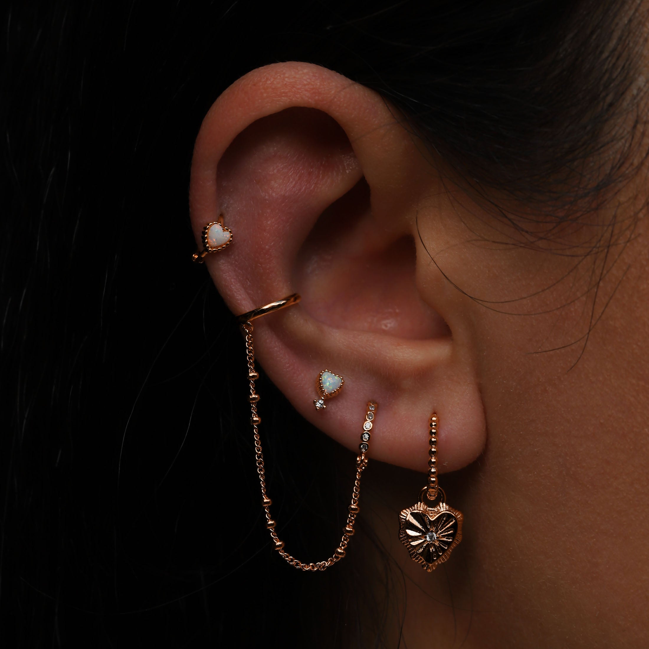 Affection Heart Opal Huggie Earring Hoops On Model - Rose Gold
