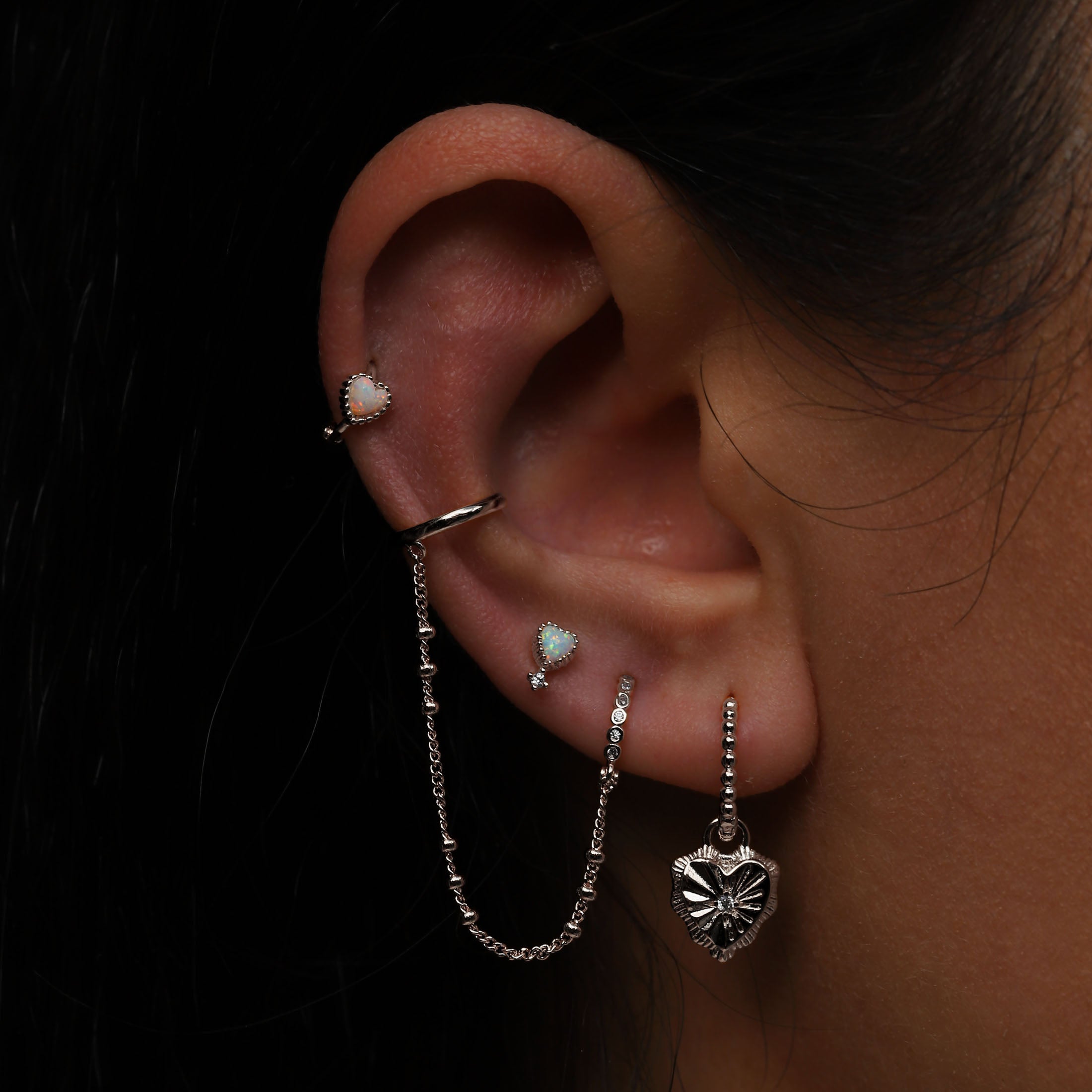 Affection Heart Opal Huggie Earring Hoops On Model - Sterling Silver