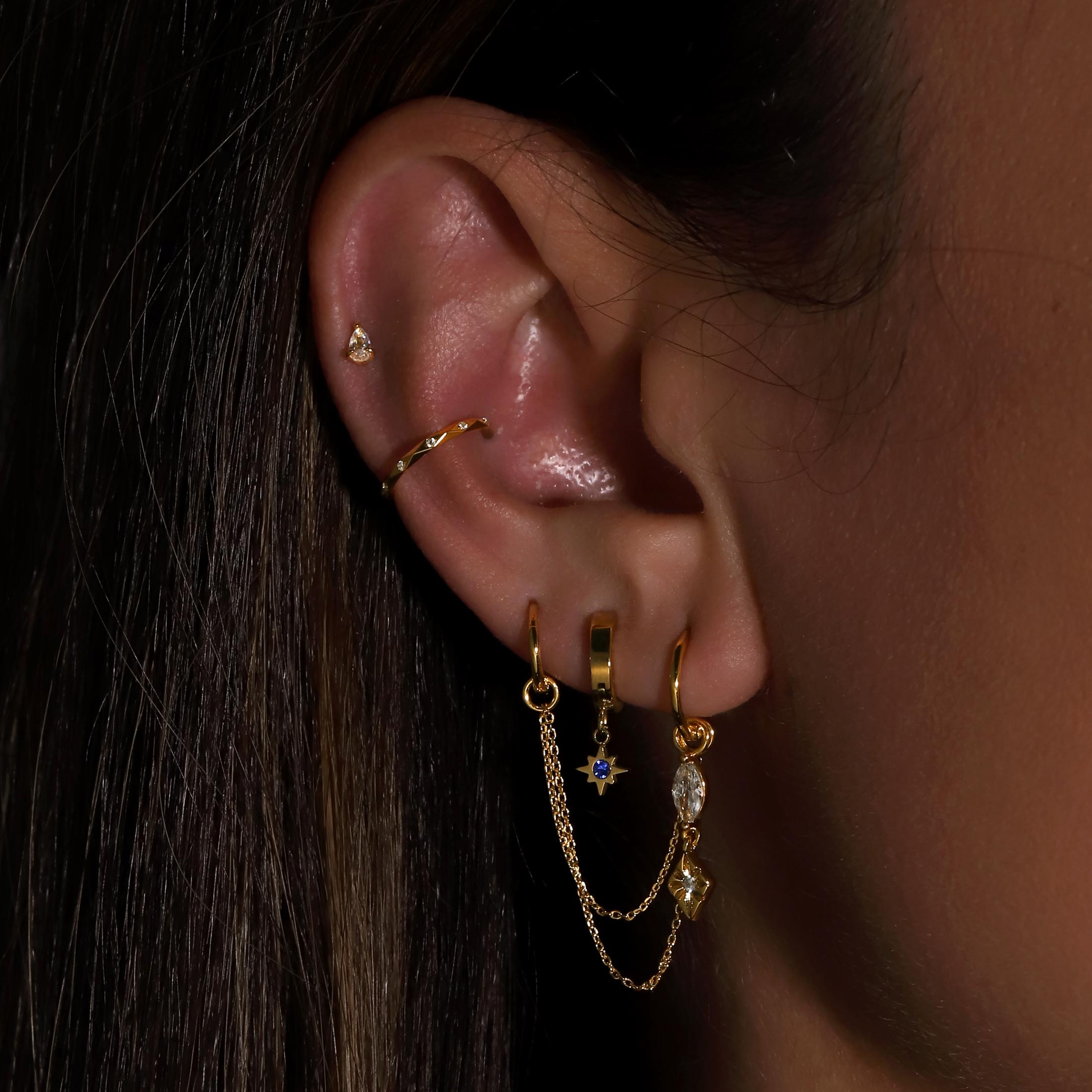 Blitz Star Blue Gemstone Huggie Earring Hoops On Model - Gold