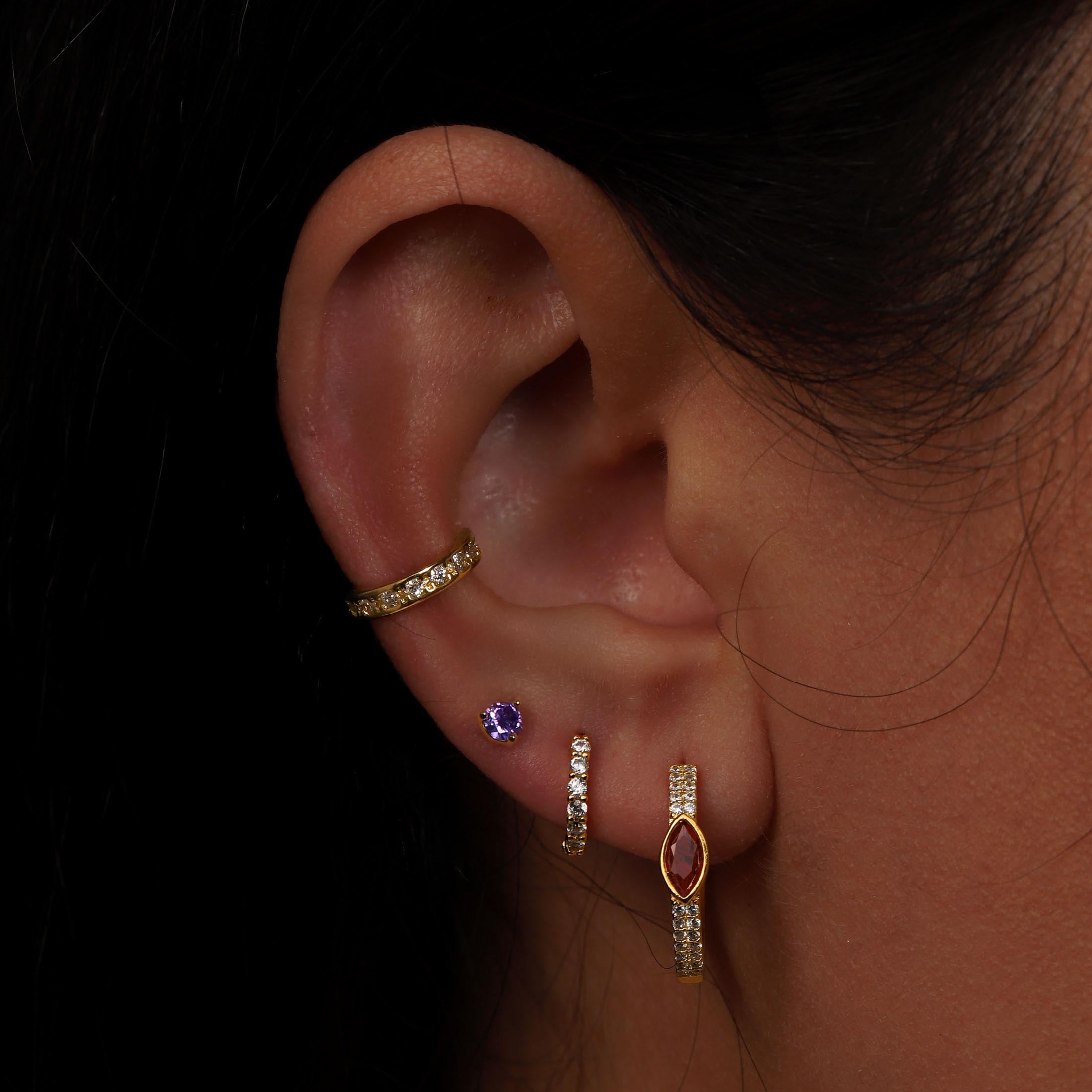 February Amethyst Birthstone Earring Studs On Model - Gold