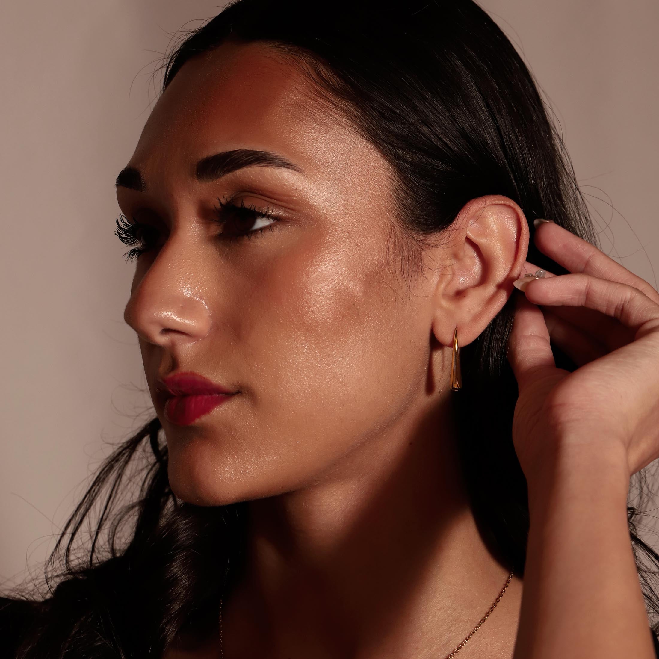 Honey Drop Threader Earrings On Model 2 - Gold
