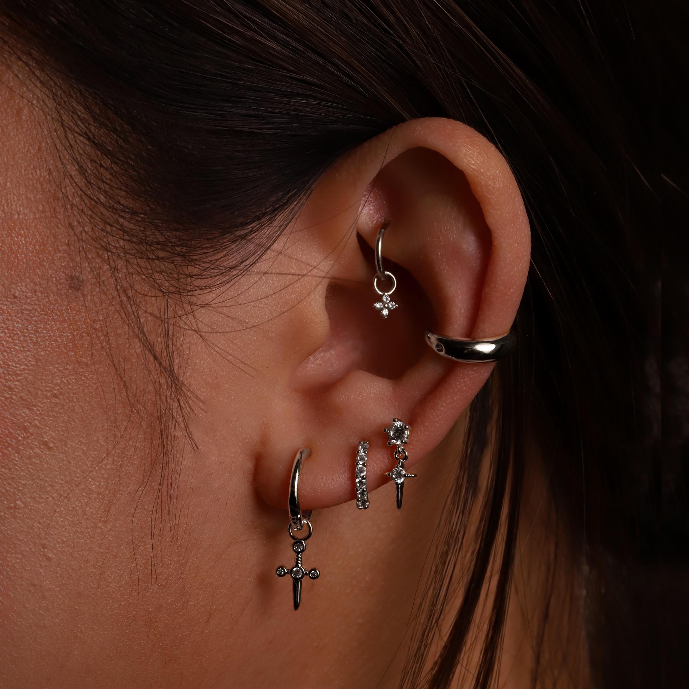 Plume Chunky Ear Cuff On Model - Sterling Silver