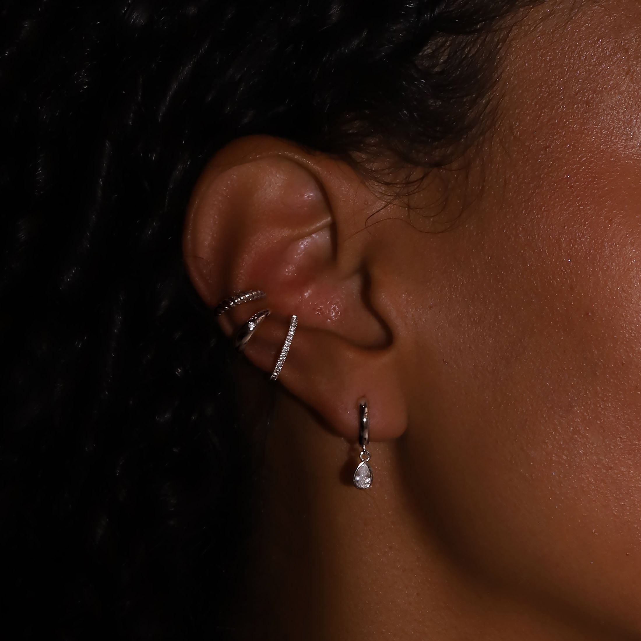 Plume Chunky Ear Cuff On Model - Sterling Silver