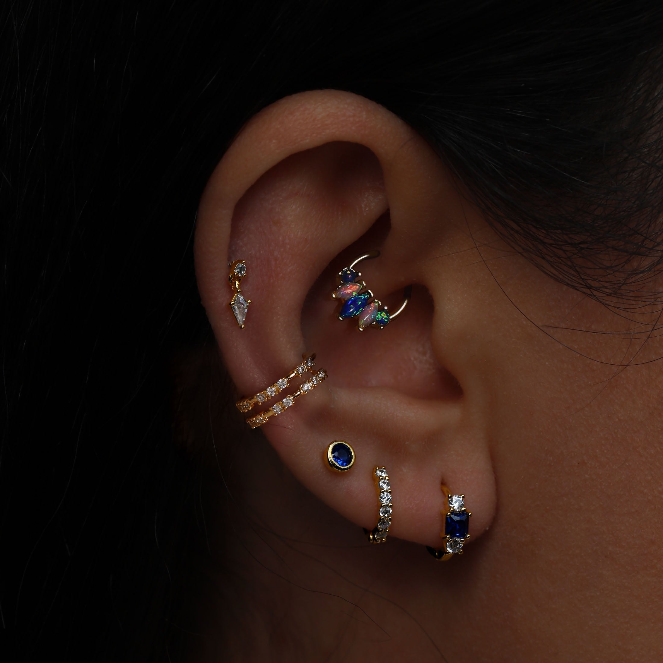 Trance Helix Daith & Cartilage Hoop Piercing On Model - Gold