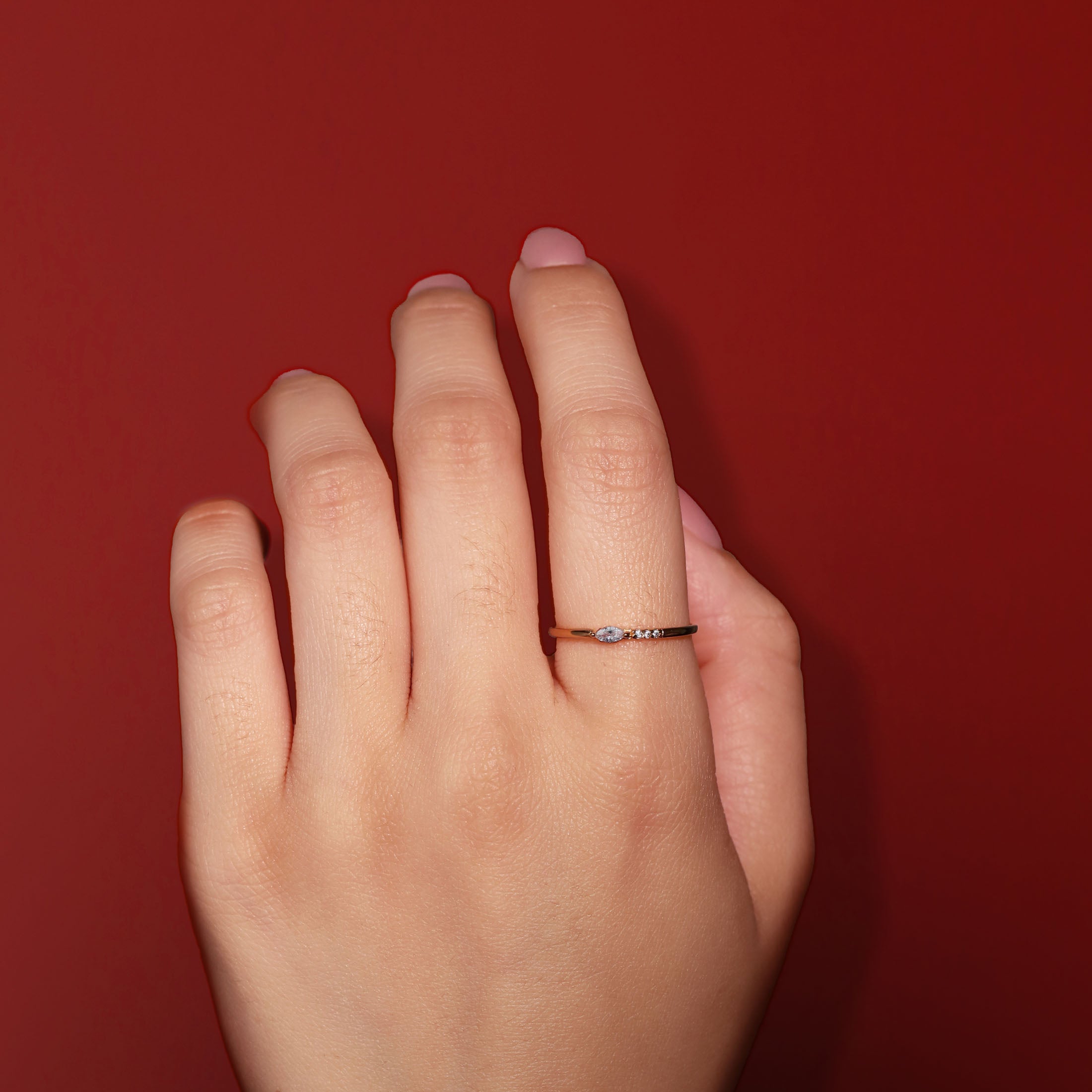 Abigail Olive & Round Gemstones Fine Band Ring On Model - Rose Gold