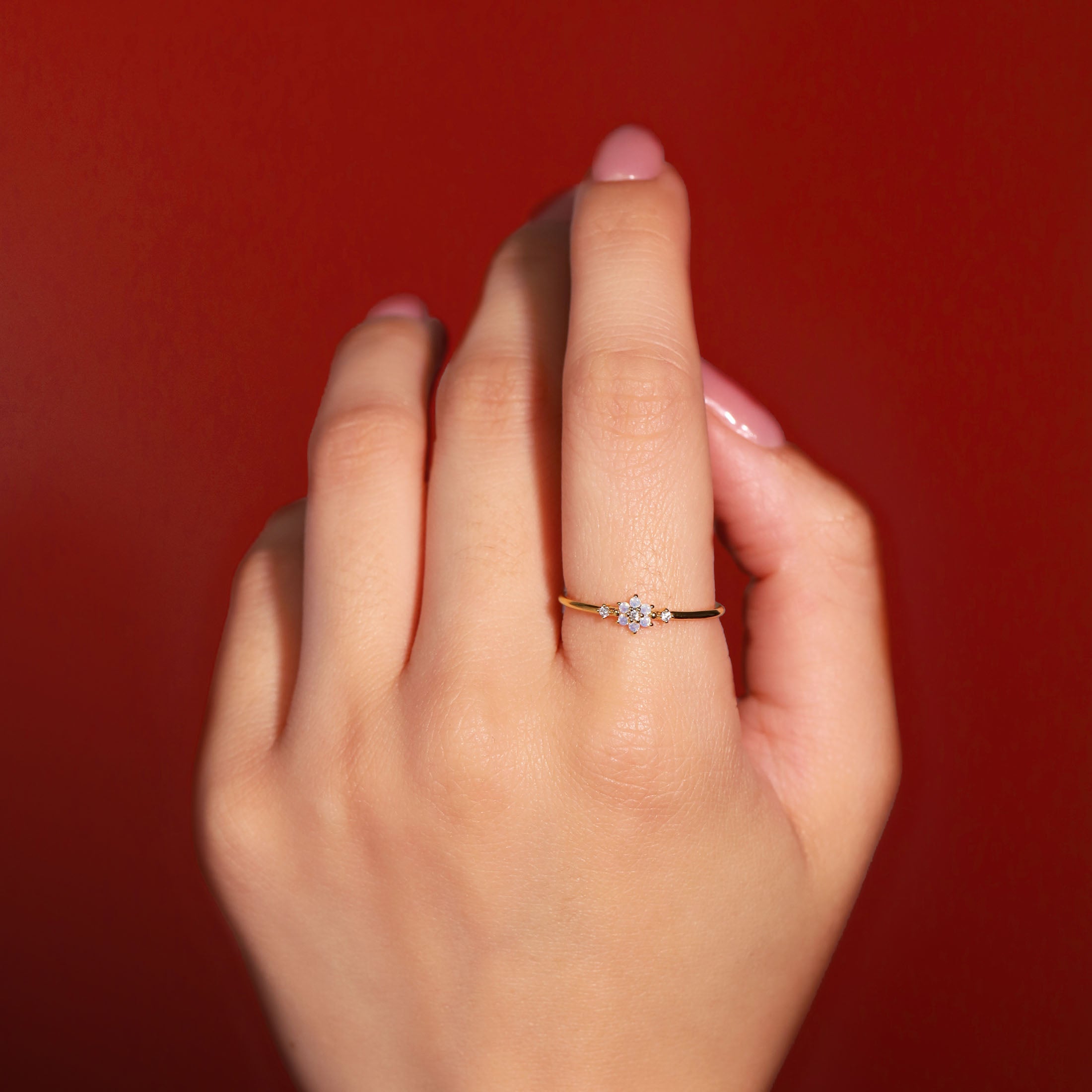 Bloom Moonstone Flower Ring On Model - Gold