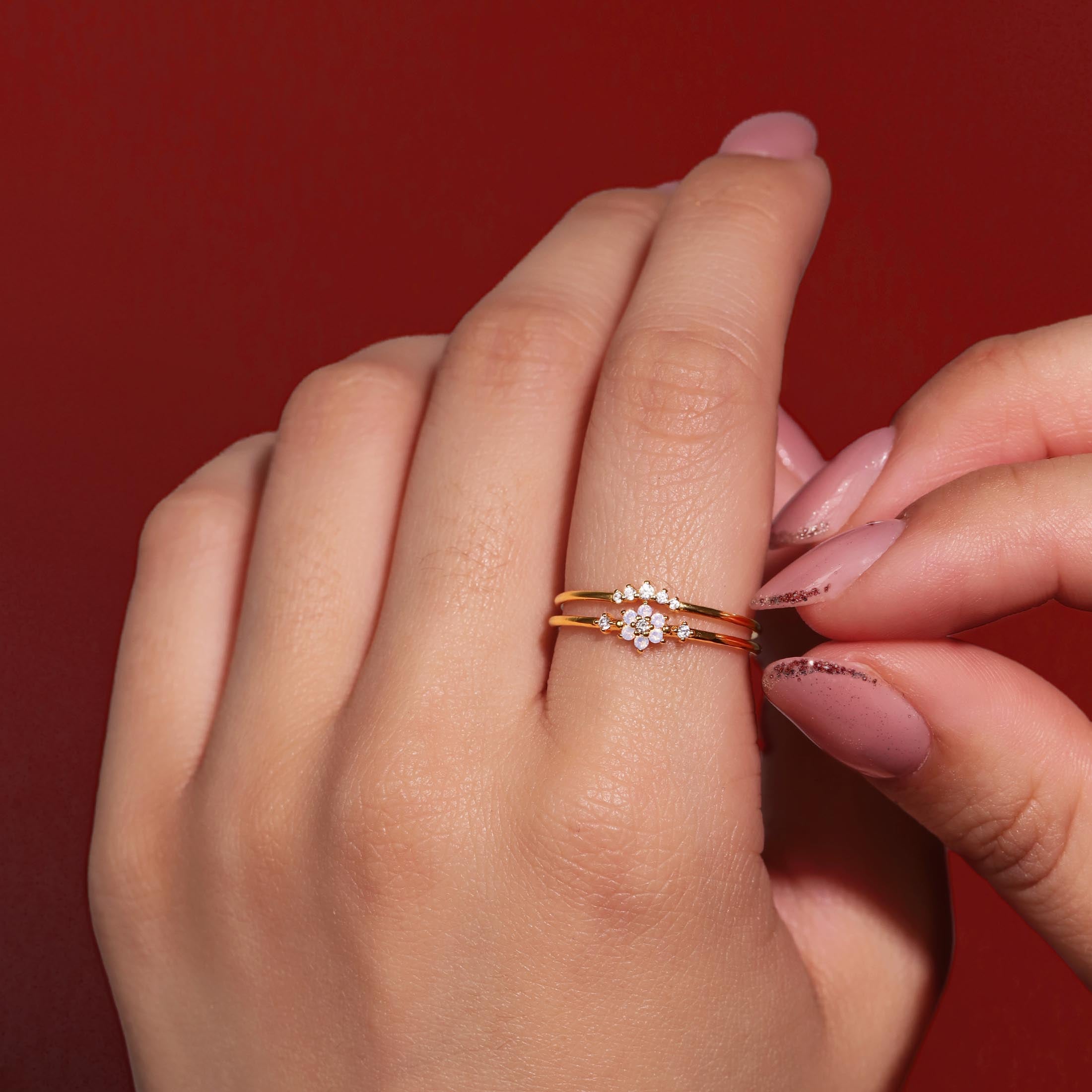 Bloom Moonstone Flower Ring On Model 2 - Gold
