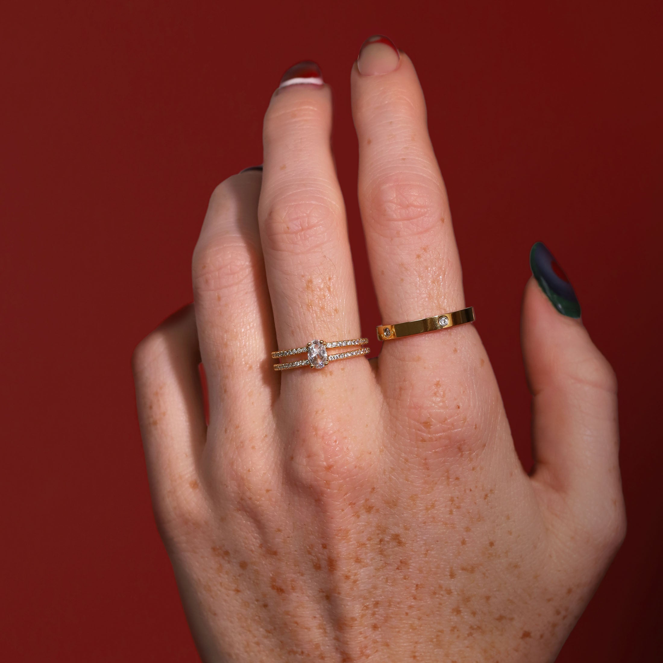 Vivienne Double Band Gemstone Ring On Model 2 - Gold