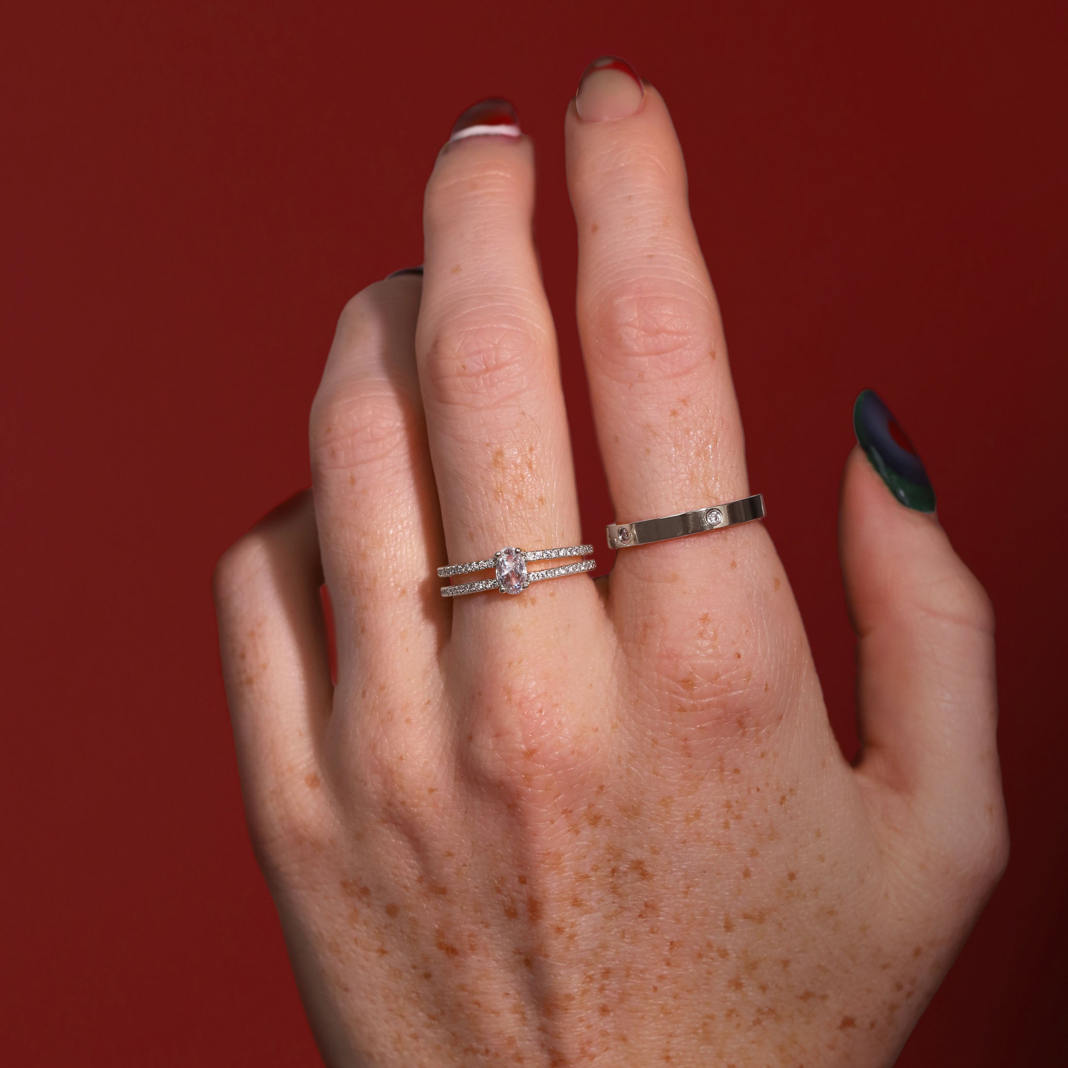 Vivienne Double Band Gemstone Ring On Model 2 - Sterling Silver