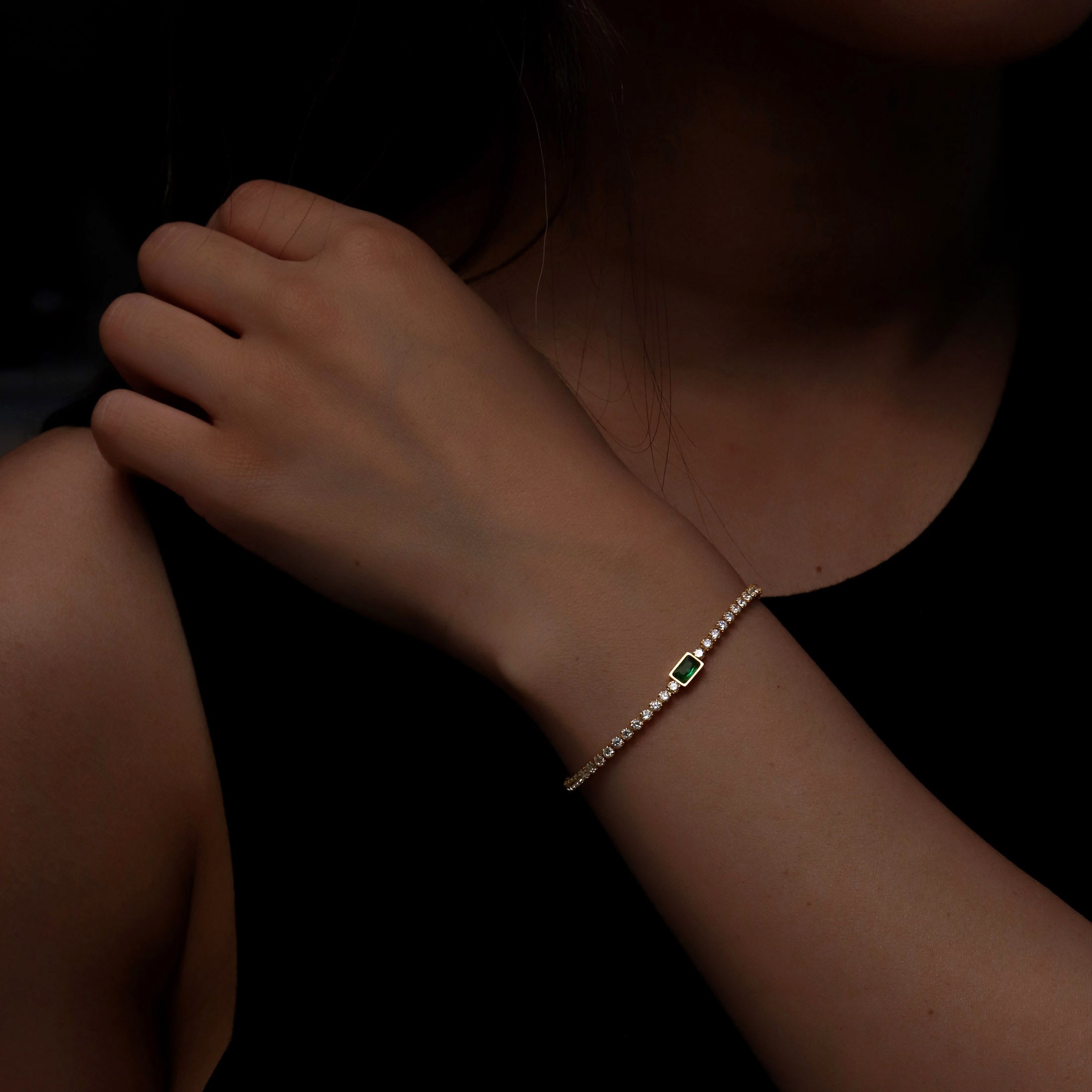 Kasia Emerald & Gemstone Tennis Bracelet On Model - Gold