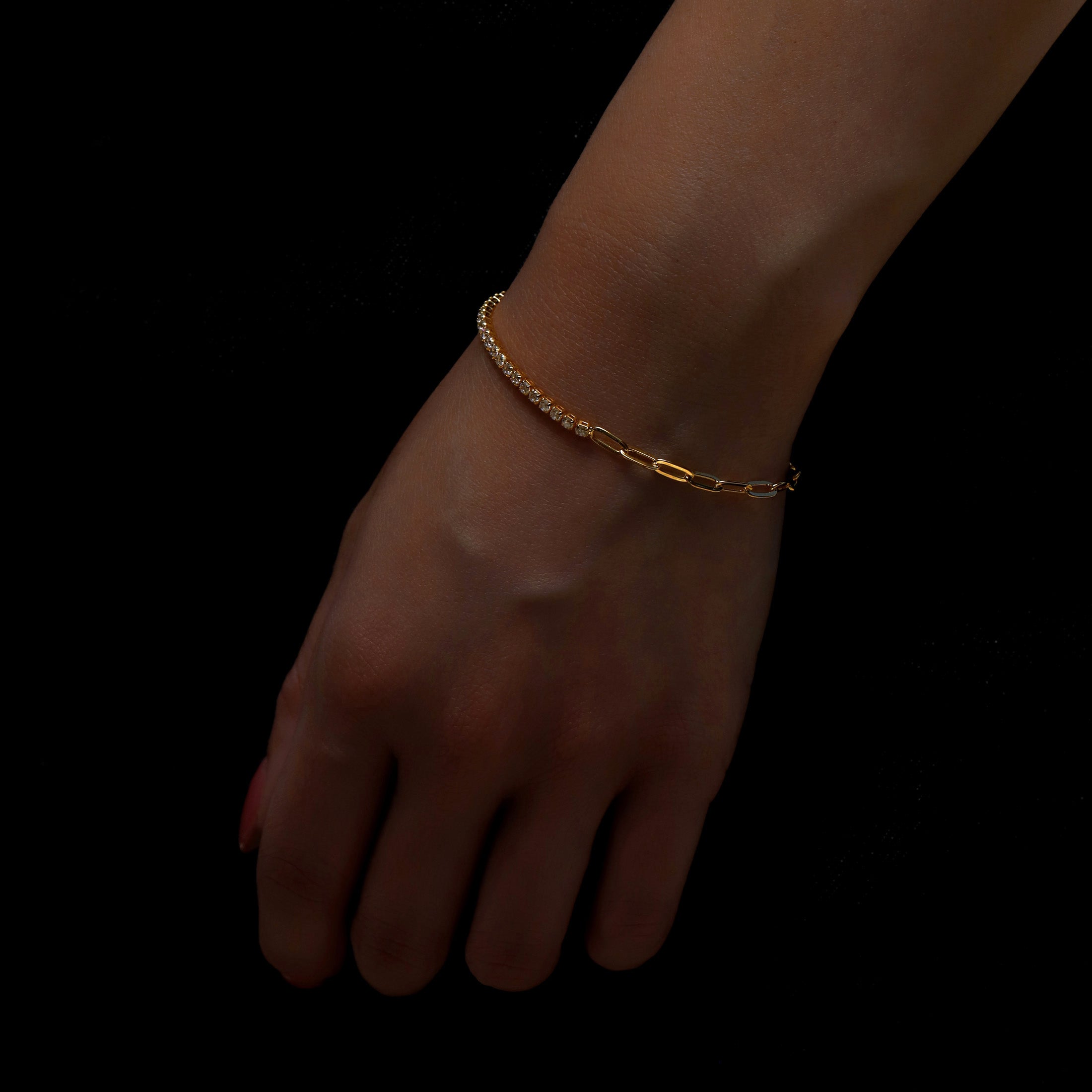 Macey Gemstone Tennis & Paperclip Chain Bracelet On Model - Gold