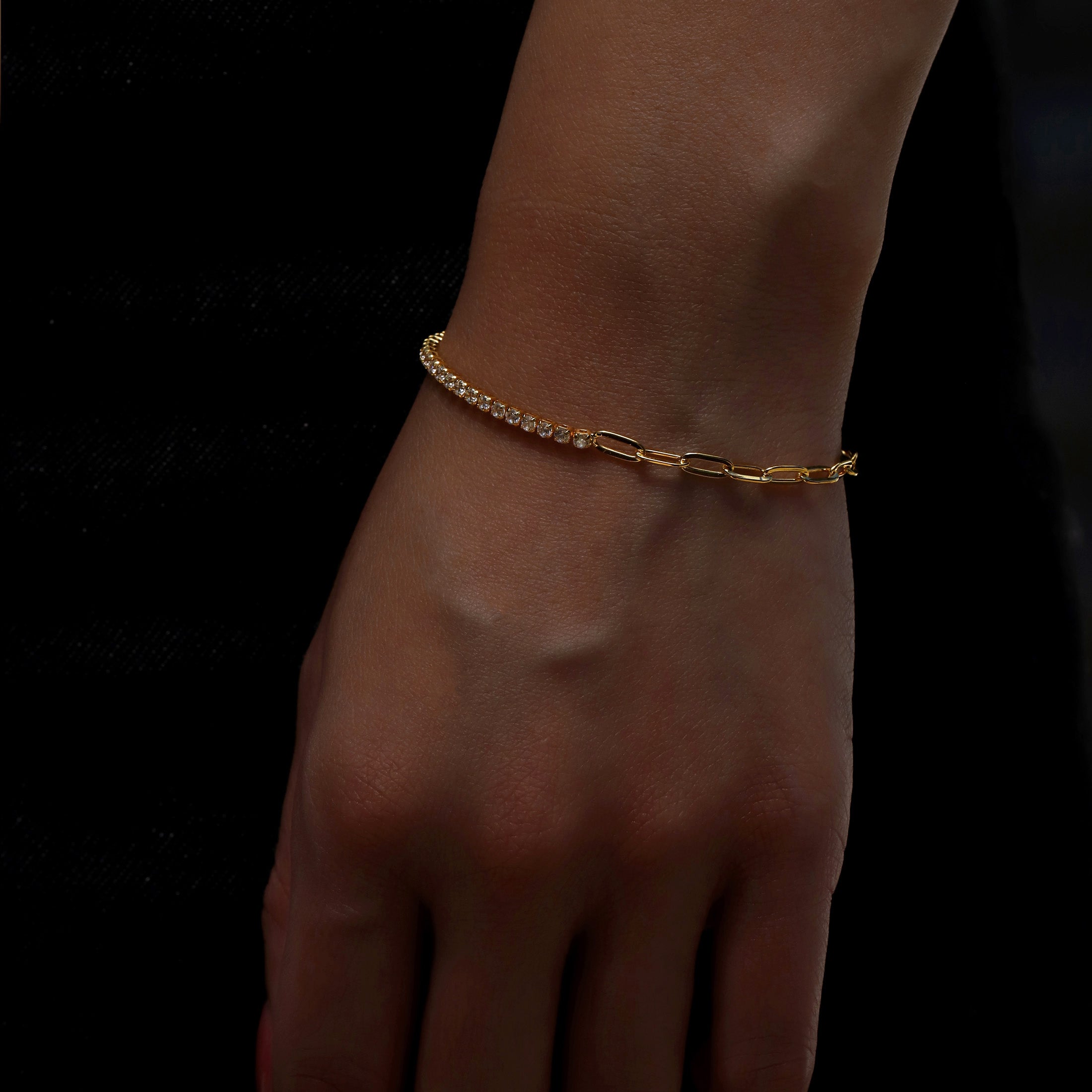 Macey Gemstone Tennis & Paperclip Chain Bracelet On Model 2 - Gold