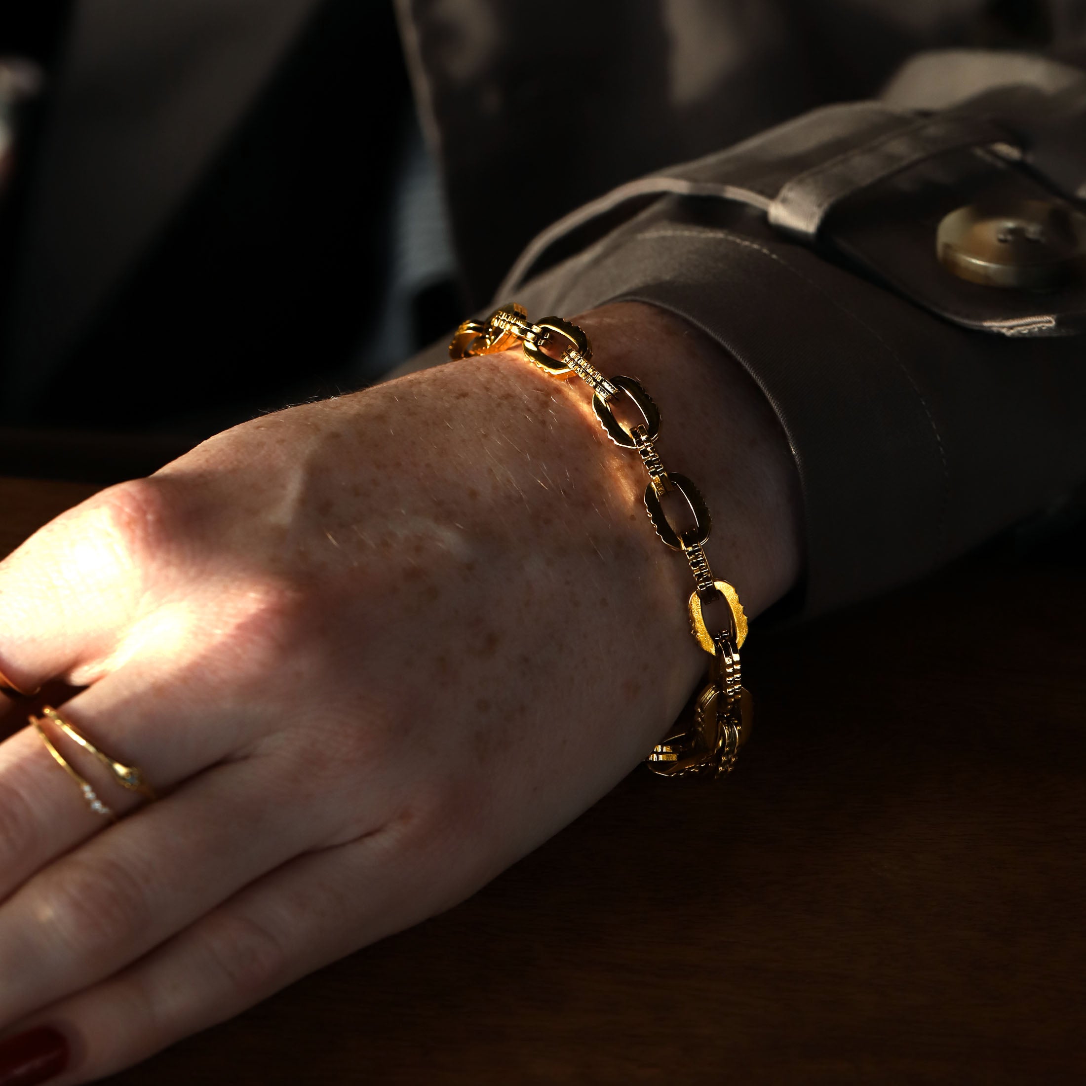 Limbo Textured Chain Link Bracelet On Model 2 - Gold
