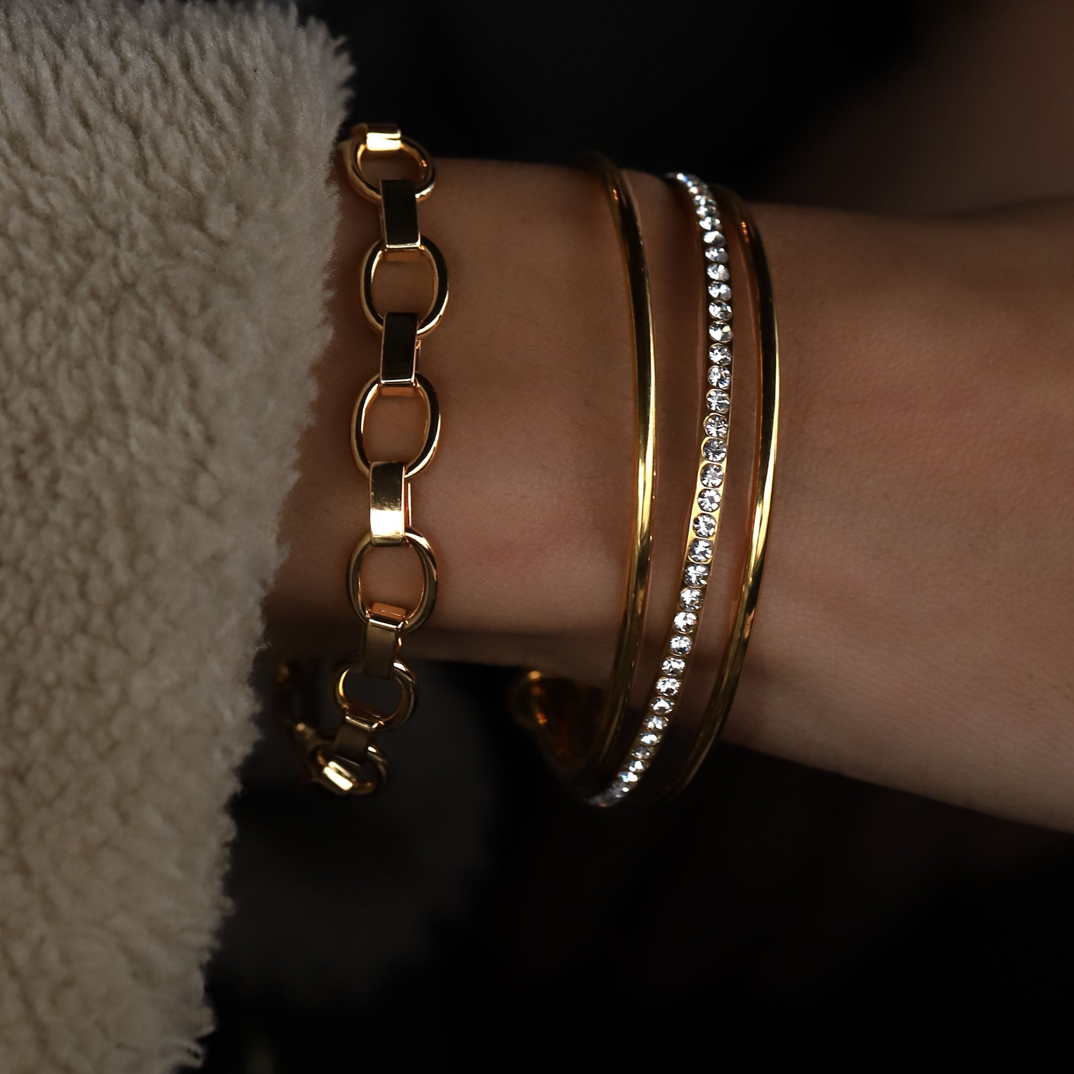 Lucia Triple Stack Bangle On Model 1 - Gold
