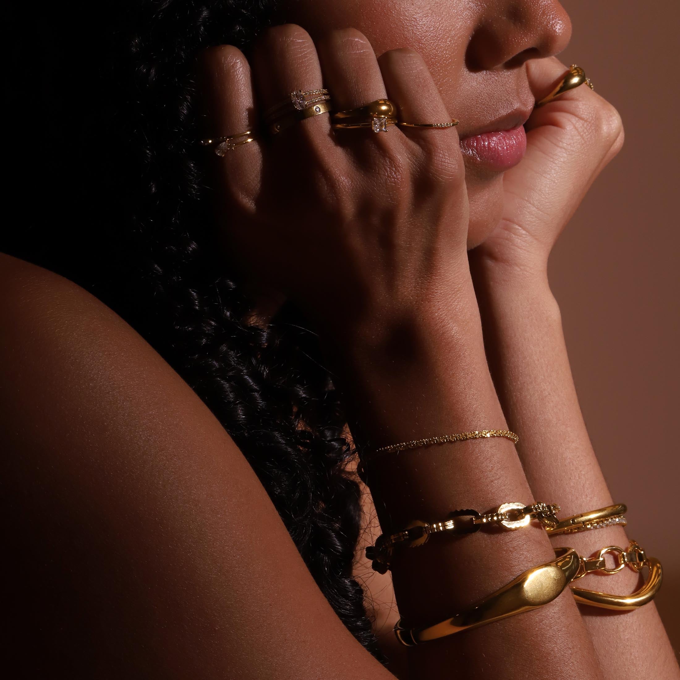 Natalia Wave Bangle On Model 3 - Gold
