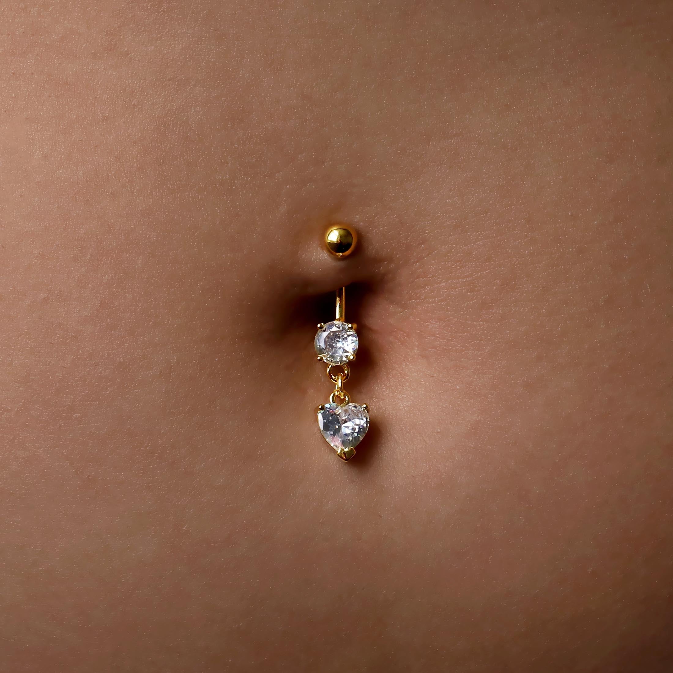 Serena Heart Gemstone Dangle Belly Bar Piercing On Model - Gold