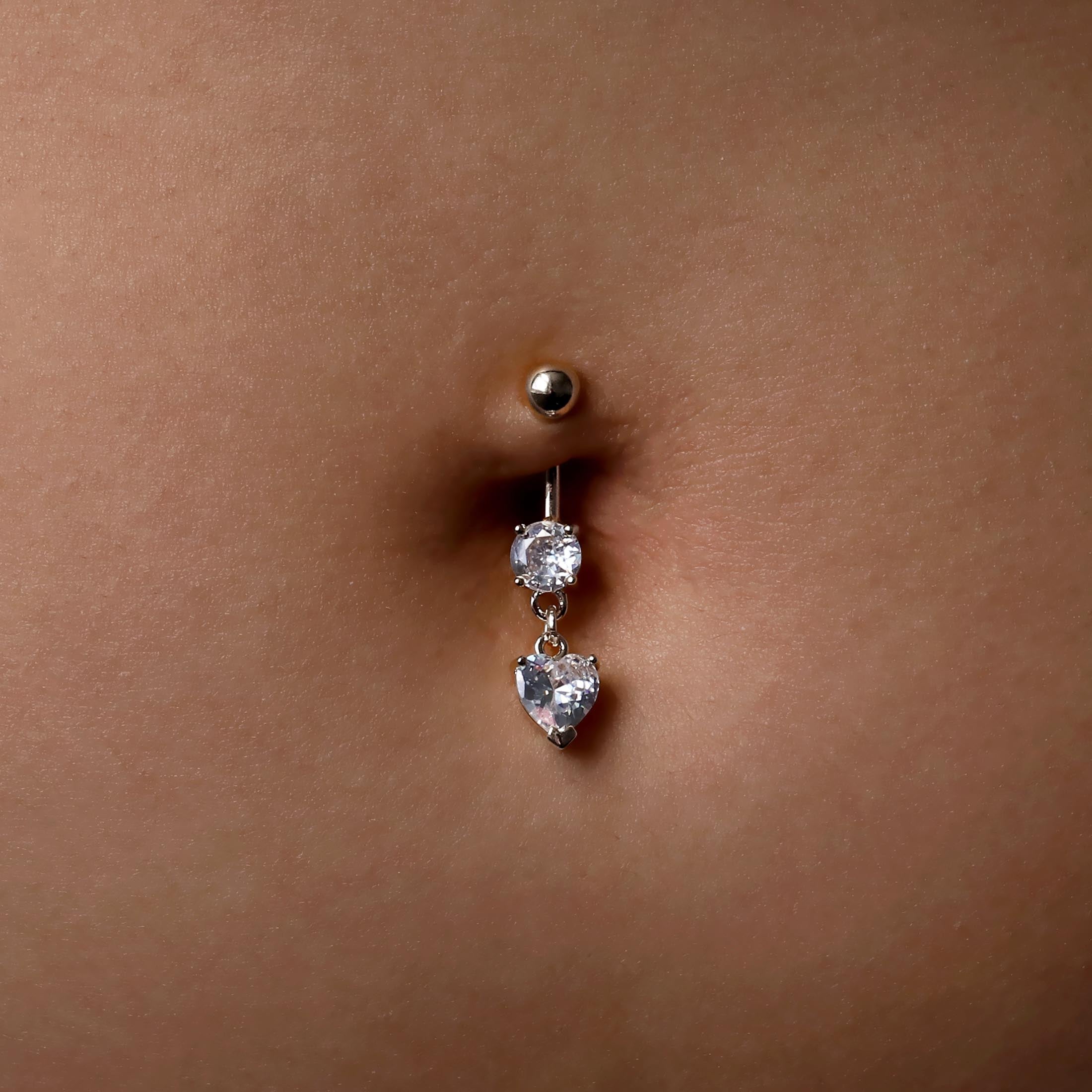 Serena Heart Gemstone Dangle Belly Bar Piercing On Model - Silver