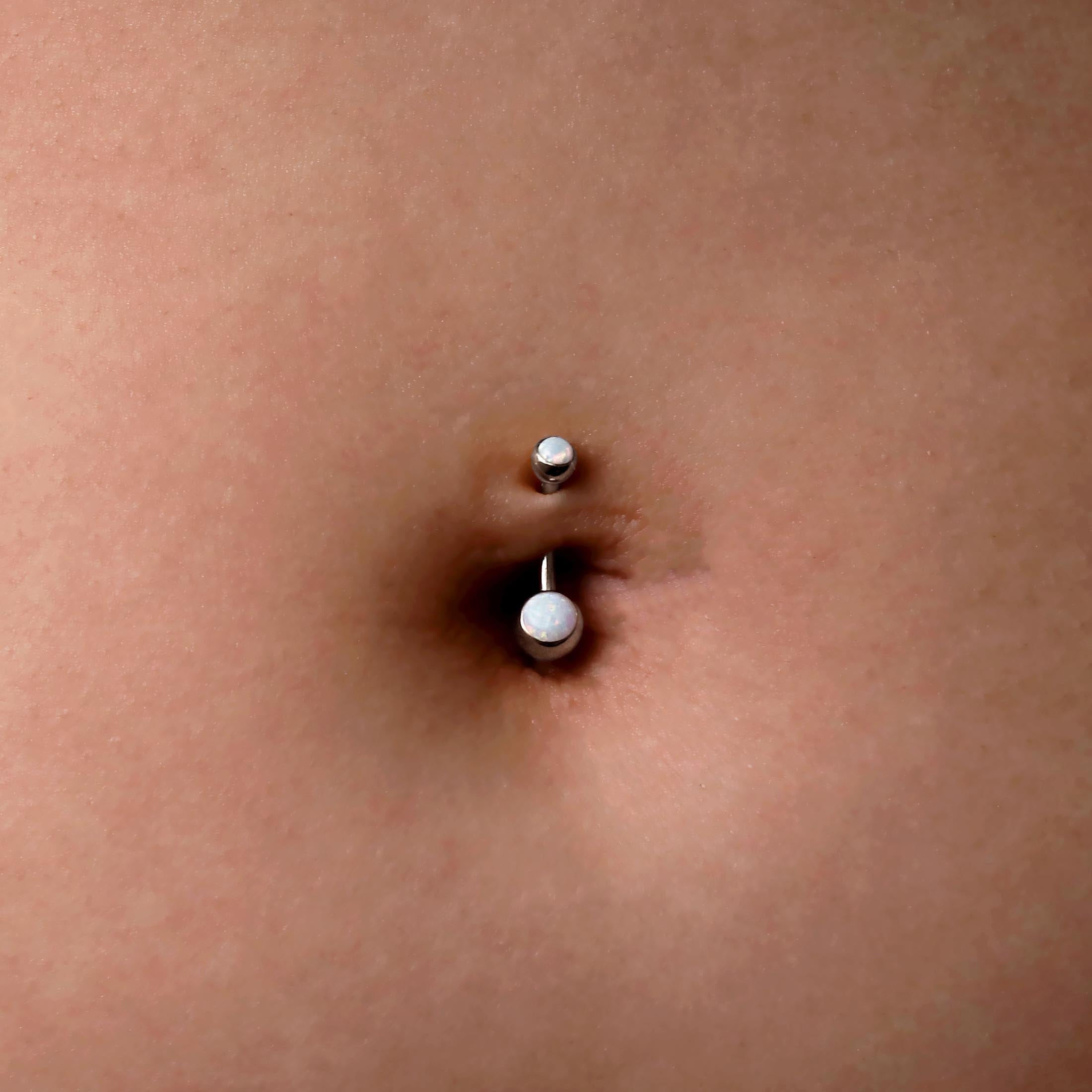 Spectral Opal Gemstone Belly Bar Piercing On Model - Silver