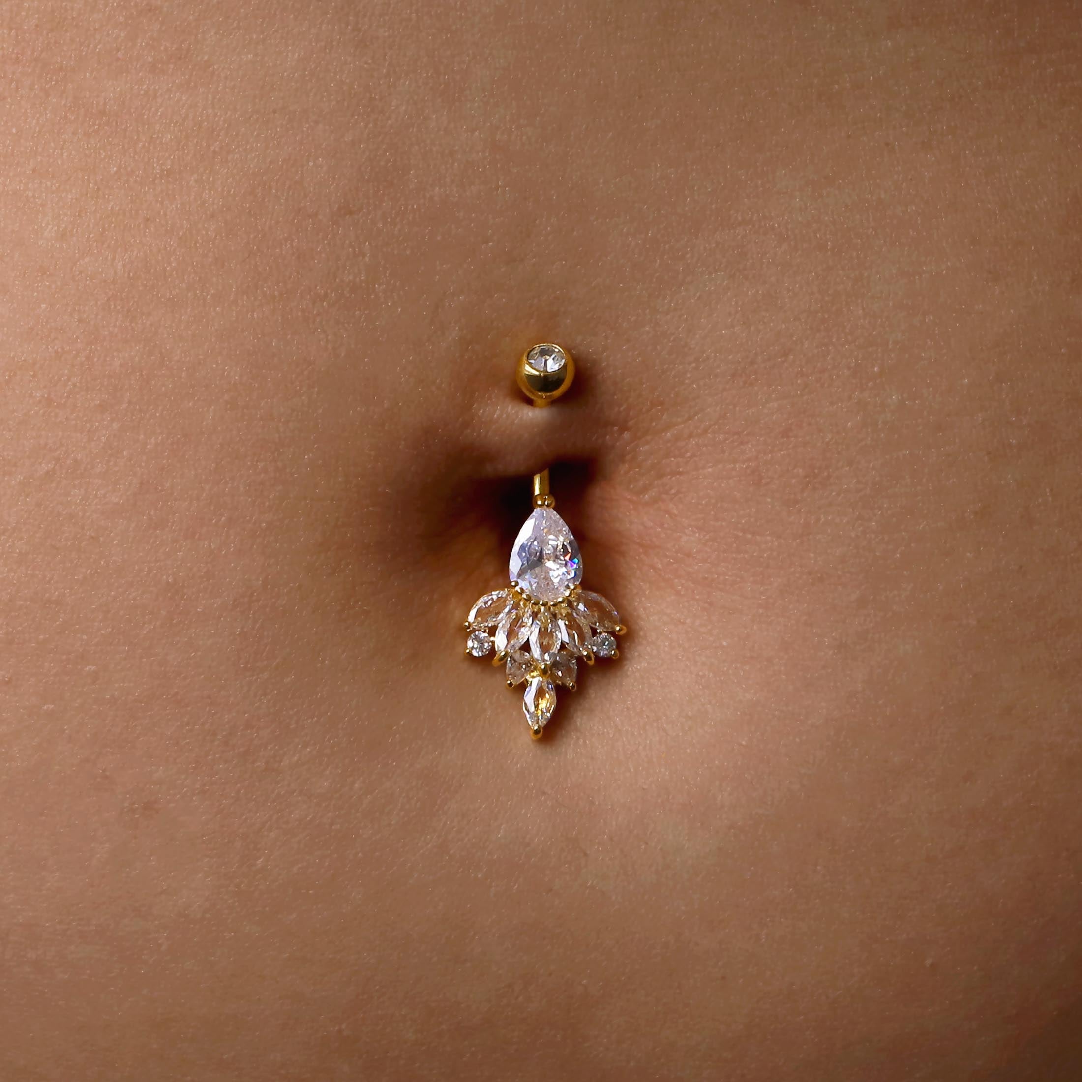 Valencia Gemstone Cluster Belly Bar Piercing On Model - Gold