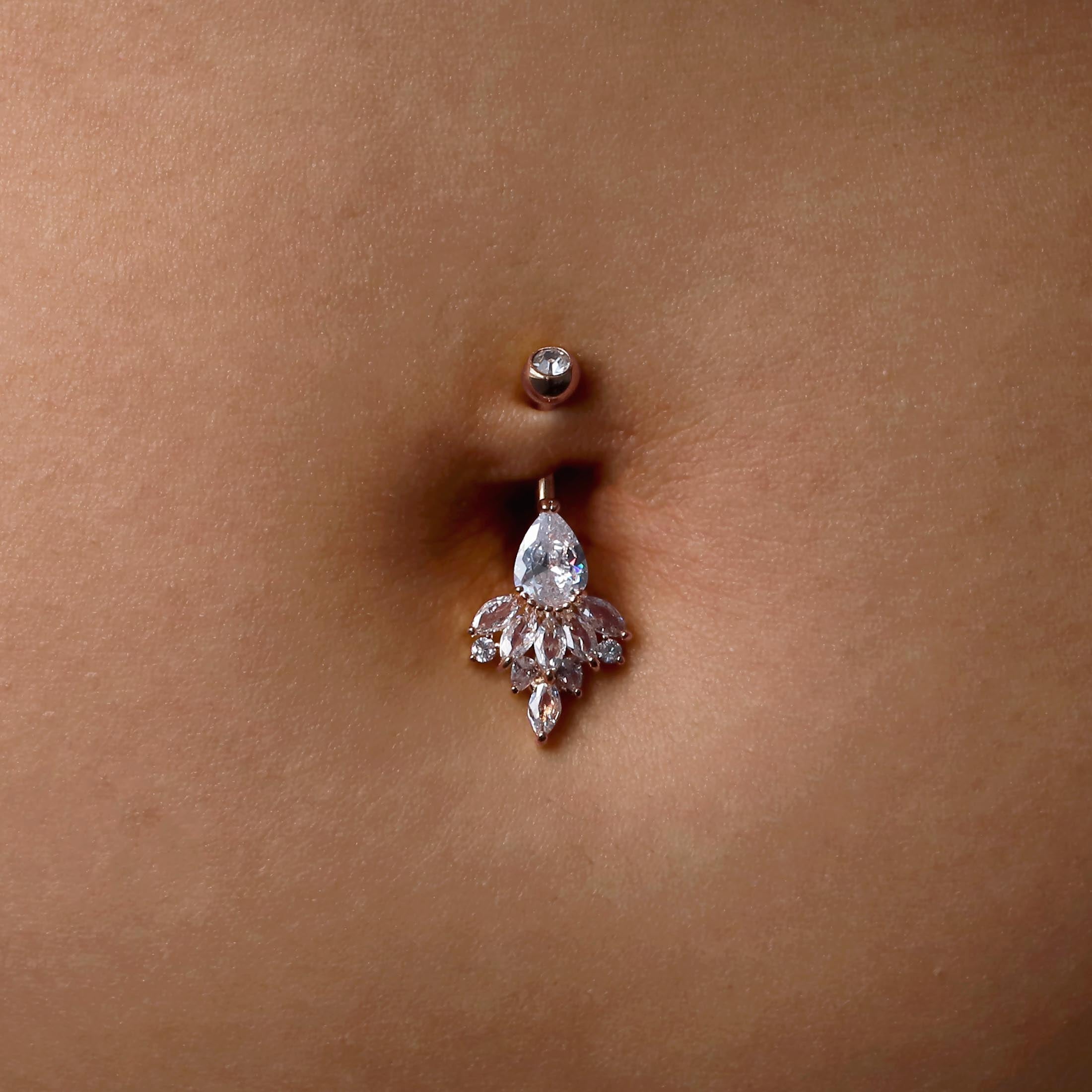 Valencia Gemstone Cluster Belly Bar Piercing On Model - Rose Gold