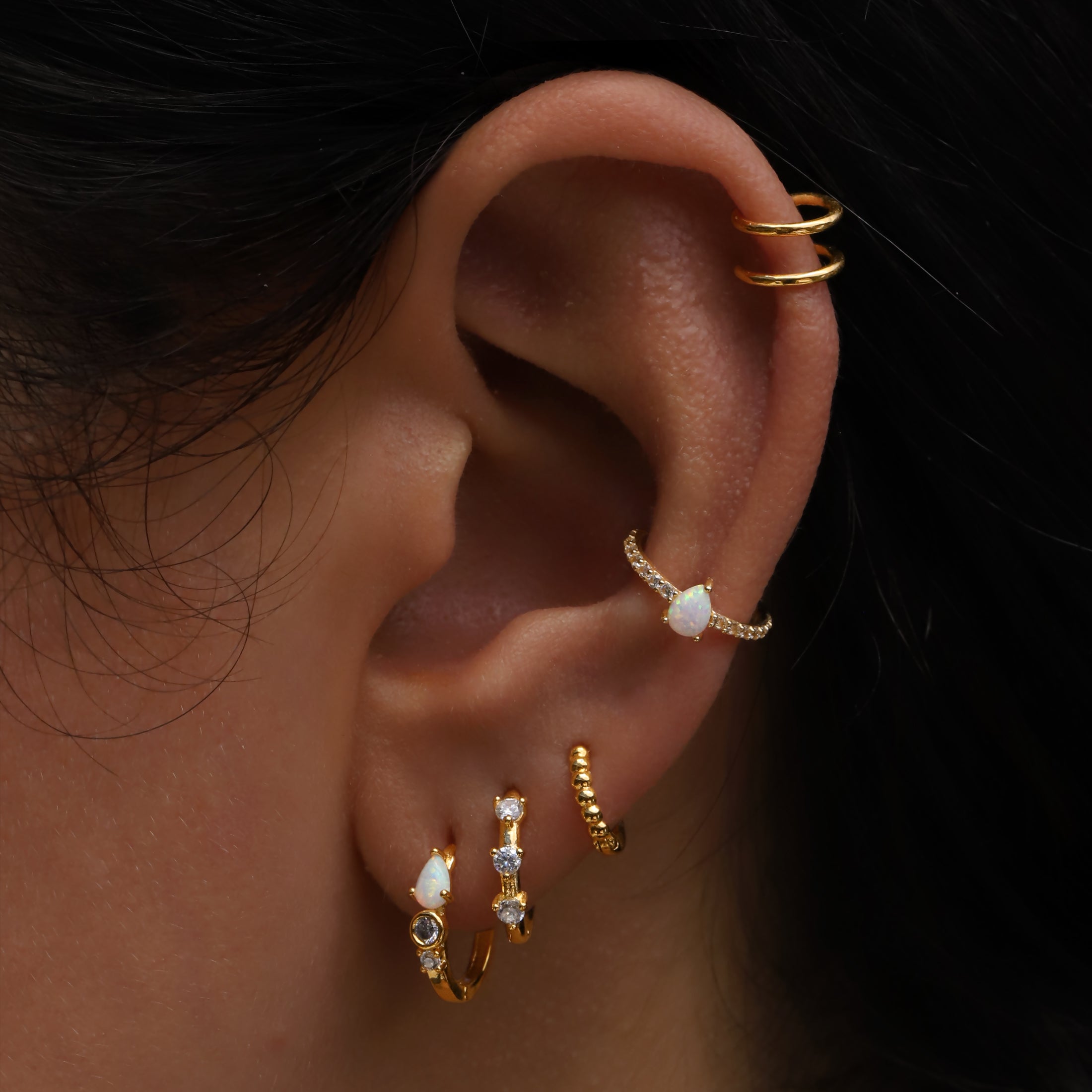 Segment Helix Conch Daith & Cartilage Hoop Piercing 18G On Model - Gold