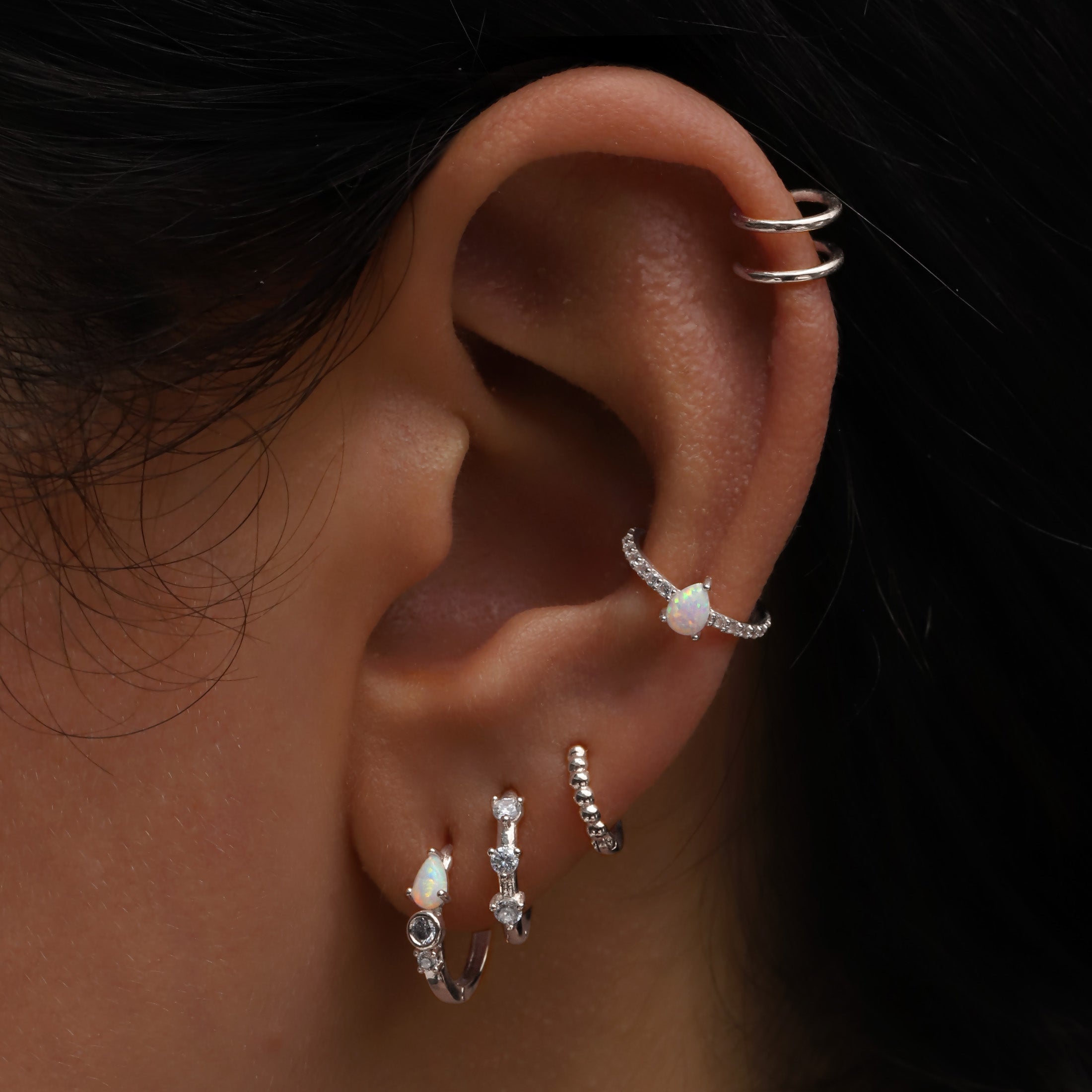 Segment Helix Conch Daith & Cartilage Hoop Piercing 16G On Model - Silver