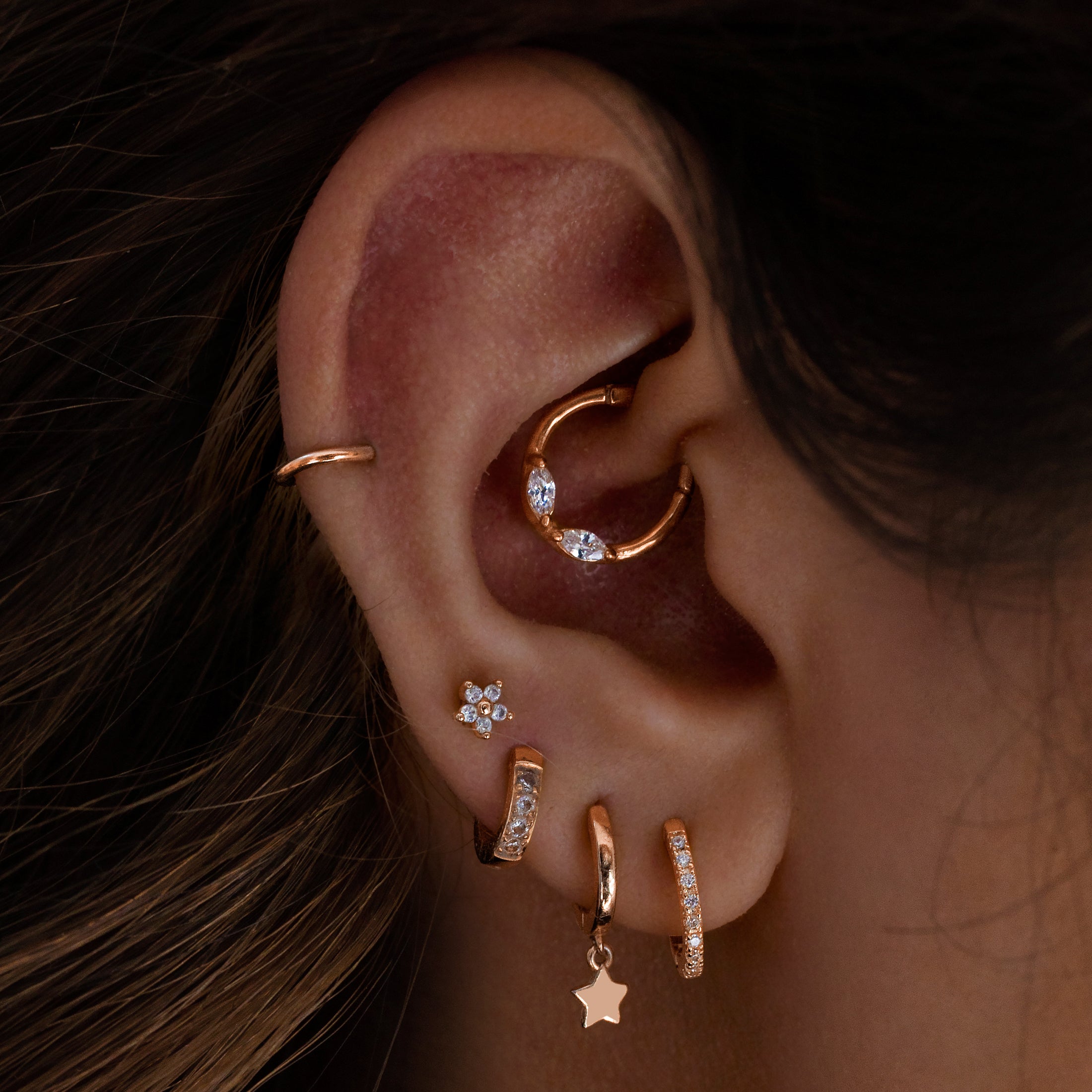 Decadent Gemstone Helix Daith & Cartilage Hoop Piercing On Model - Rose Gold