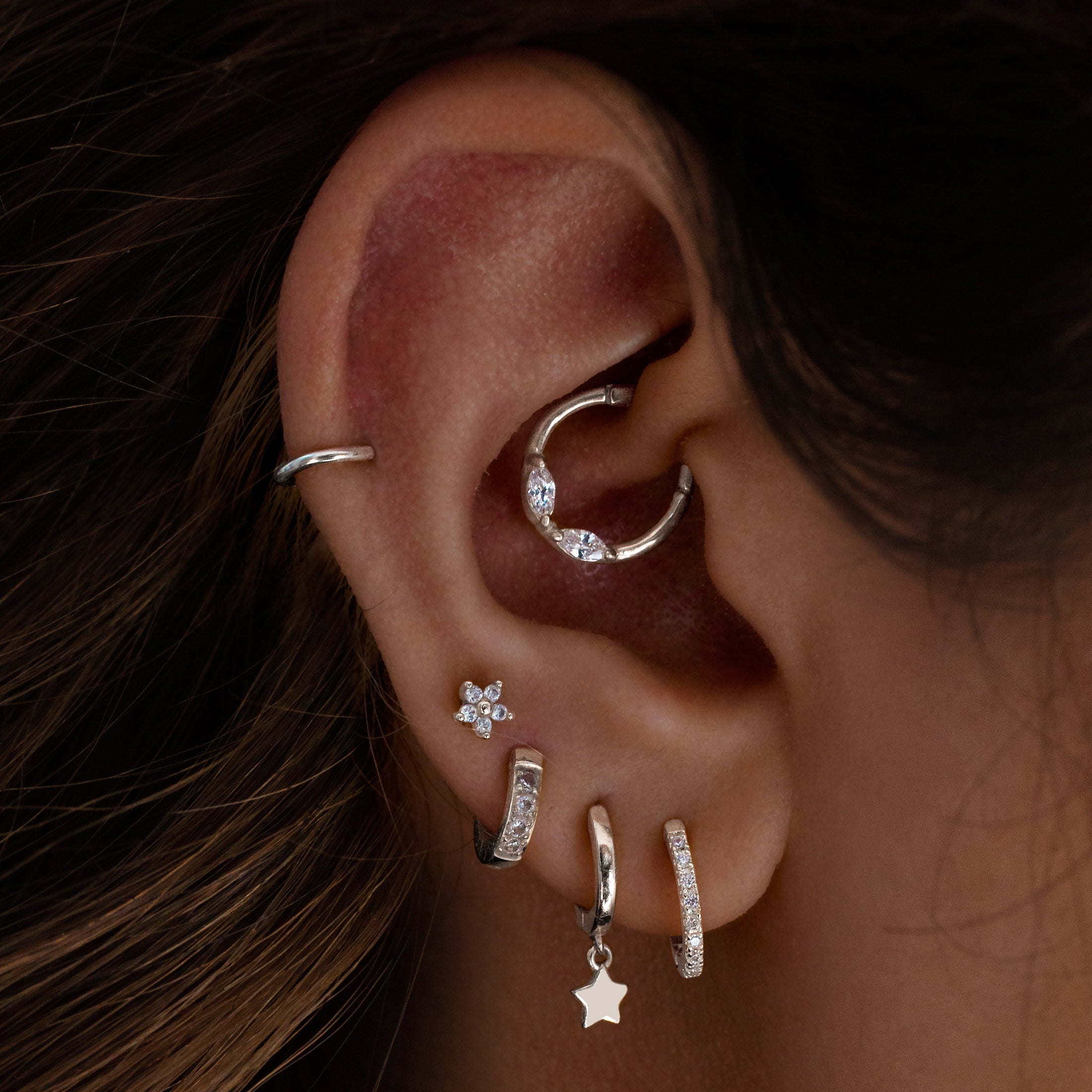 Decadent Gemstone Helix Daith & Cartilage Hoop Piercing On Model - Silver