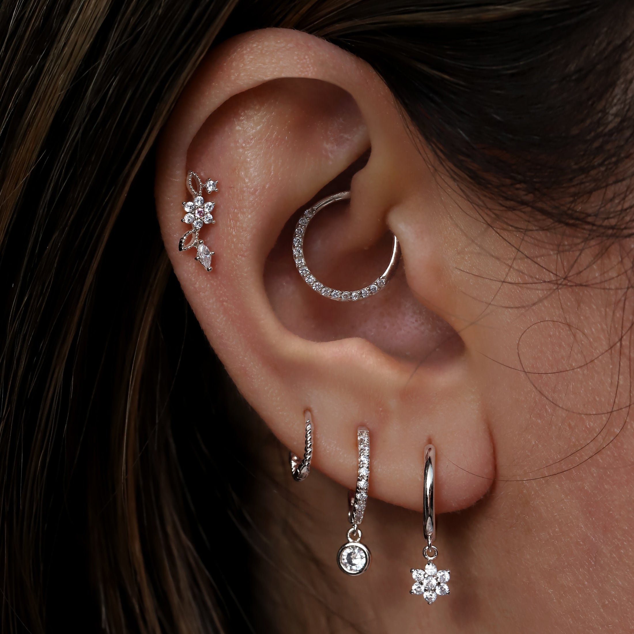 Eclipse Helix Daith & Cartilage Hoop Piercing On Model - 14K Solid White Gold