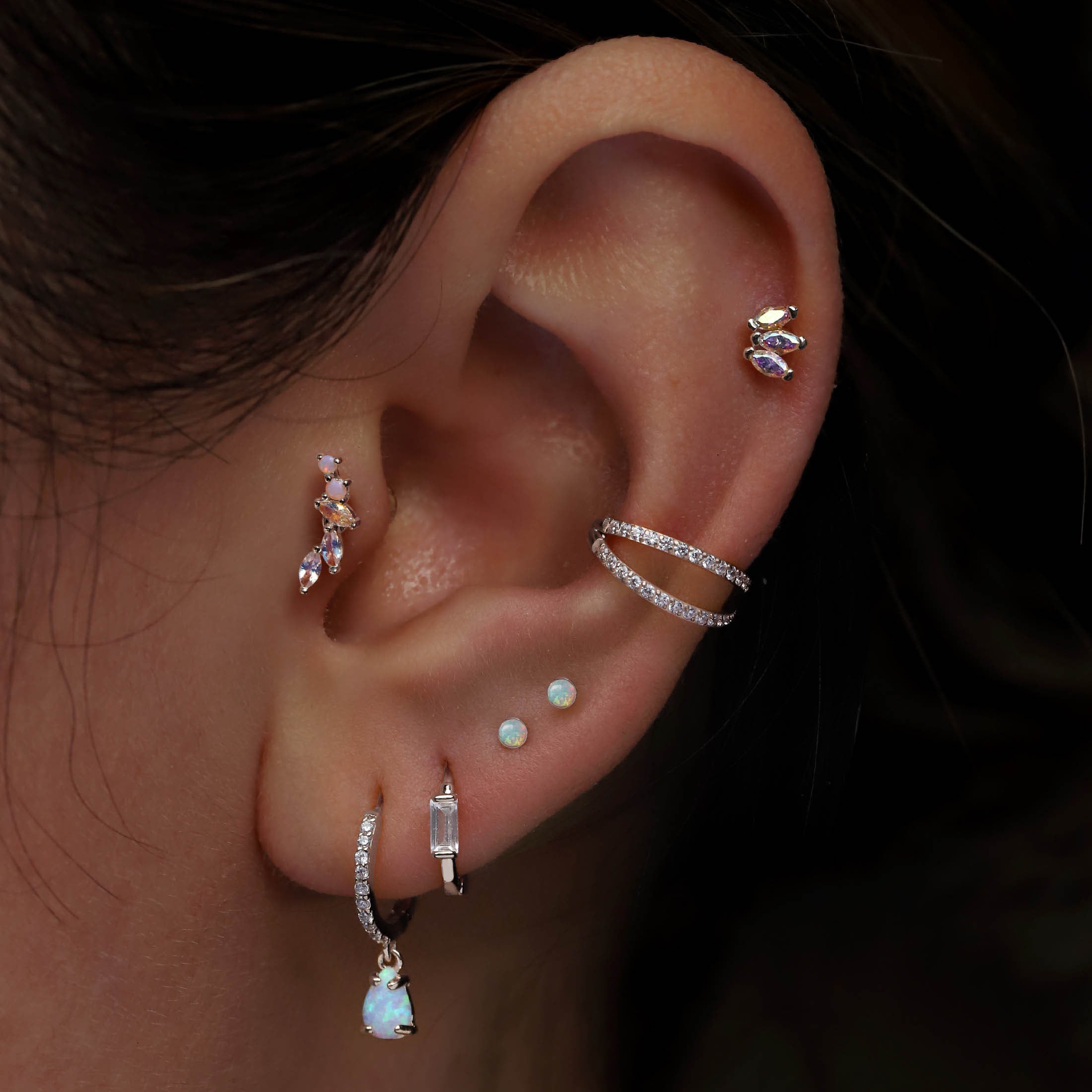 Elixir Opal Helix Tragus Cartilage & Conch Ear Piercing On Model - 14K White Gold
