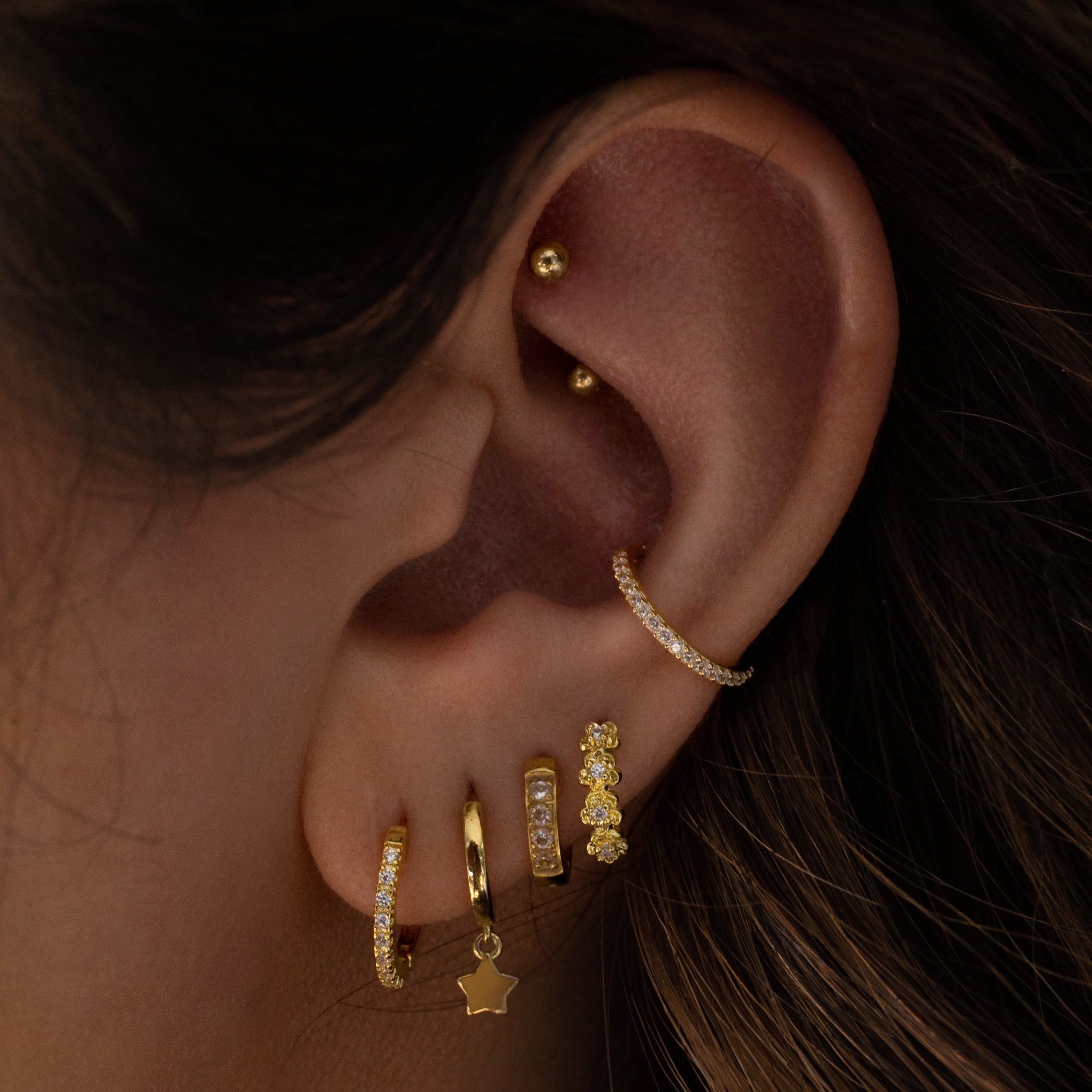 Eternal Gemstone Helix Conch & Cartilage Hoop Piercing On Model - 14K Solid Gold