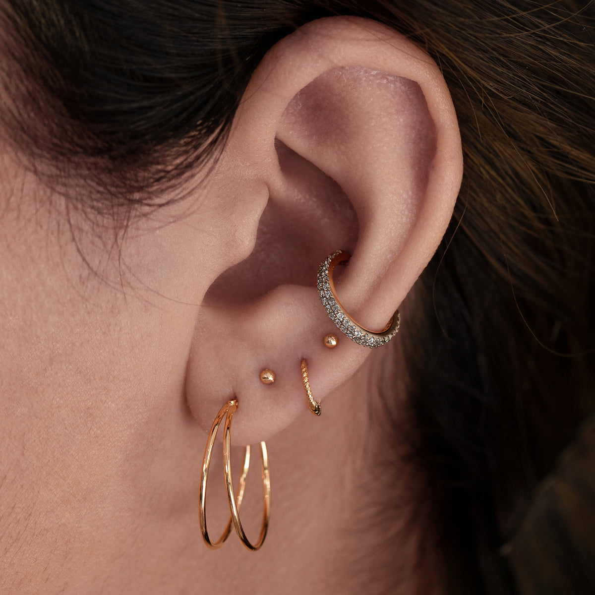 Glow Gemstone Helix Conch & Cartilage Hoop Piercing On Model - Rose Gold
