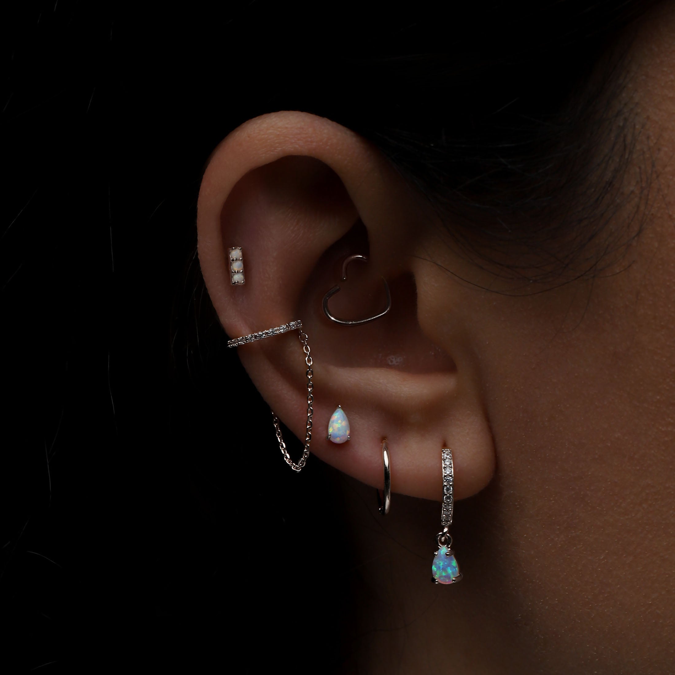 Heart Helix Daith & Cartilage Hoop Piercing On Model - Silver