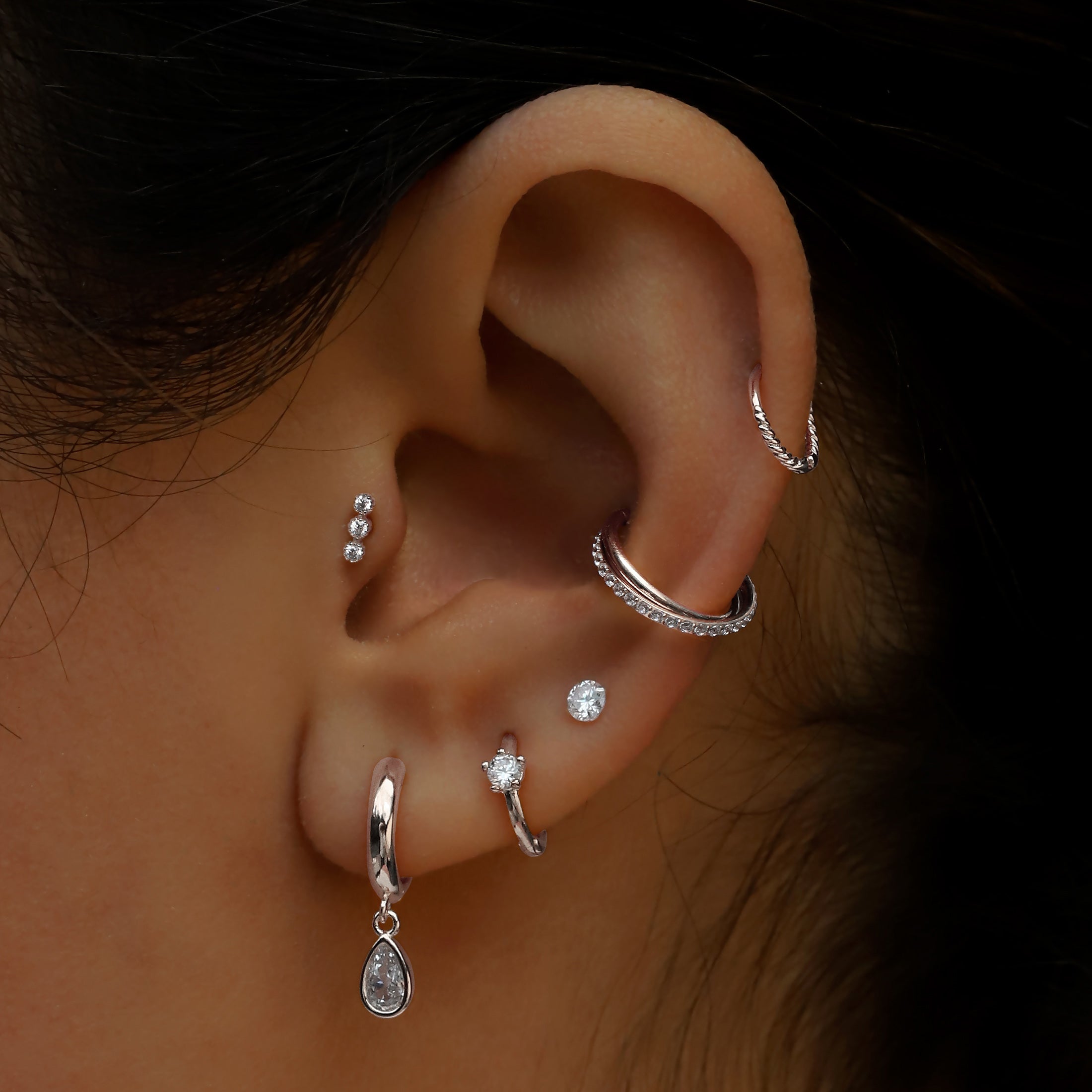 Infinity Helix Conch & Cartilage Hoop Piercing On Model - Silver