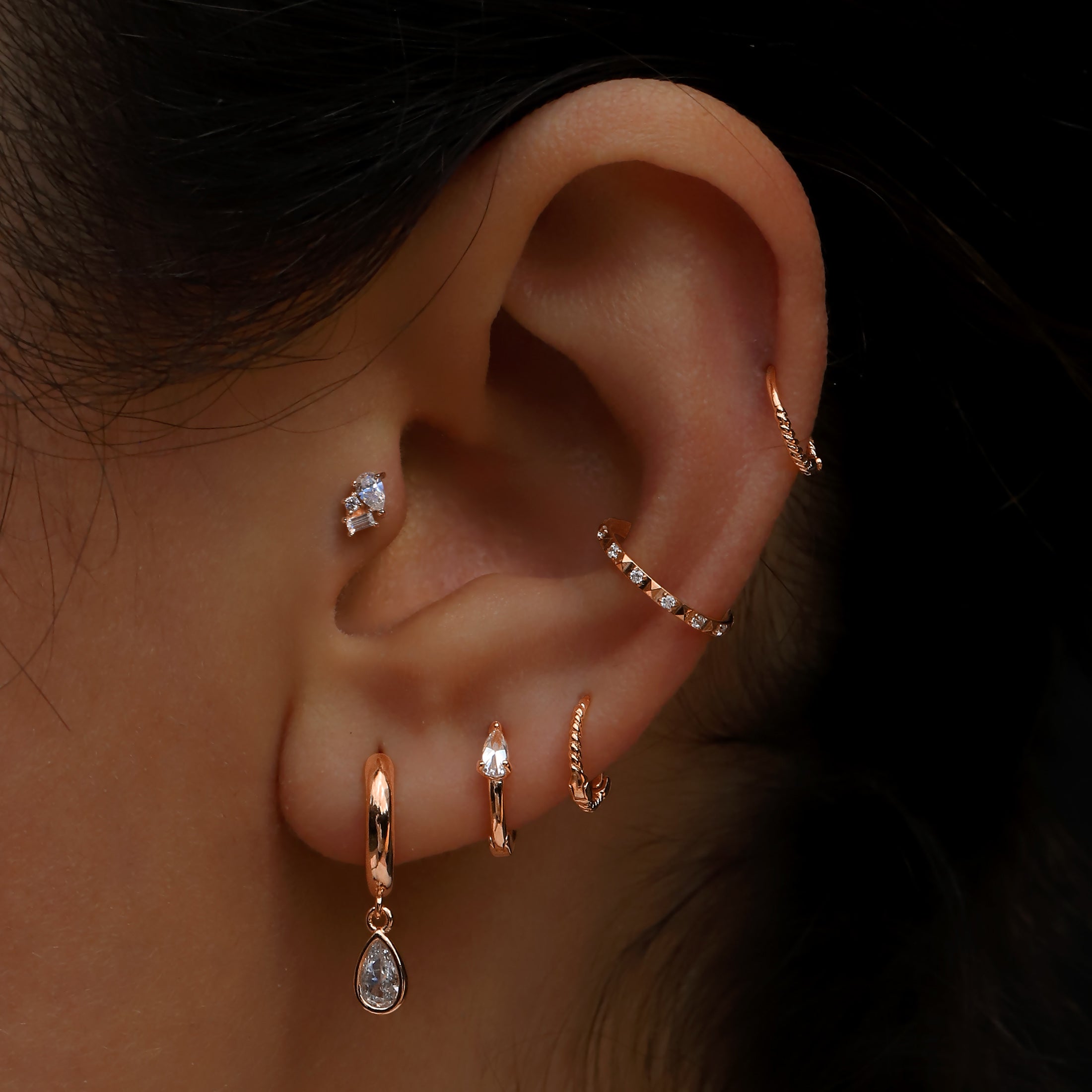 Matter Helix Conch & Cartilage Hoop Piercing On Model - Rose Gold