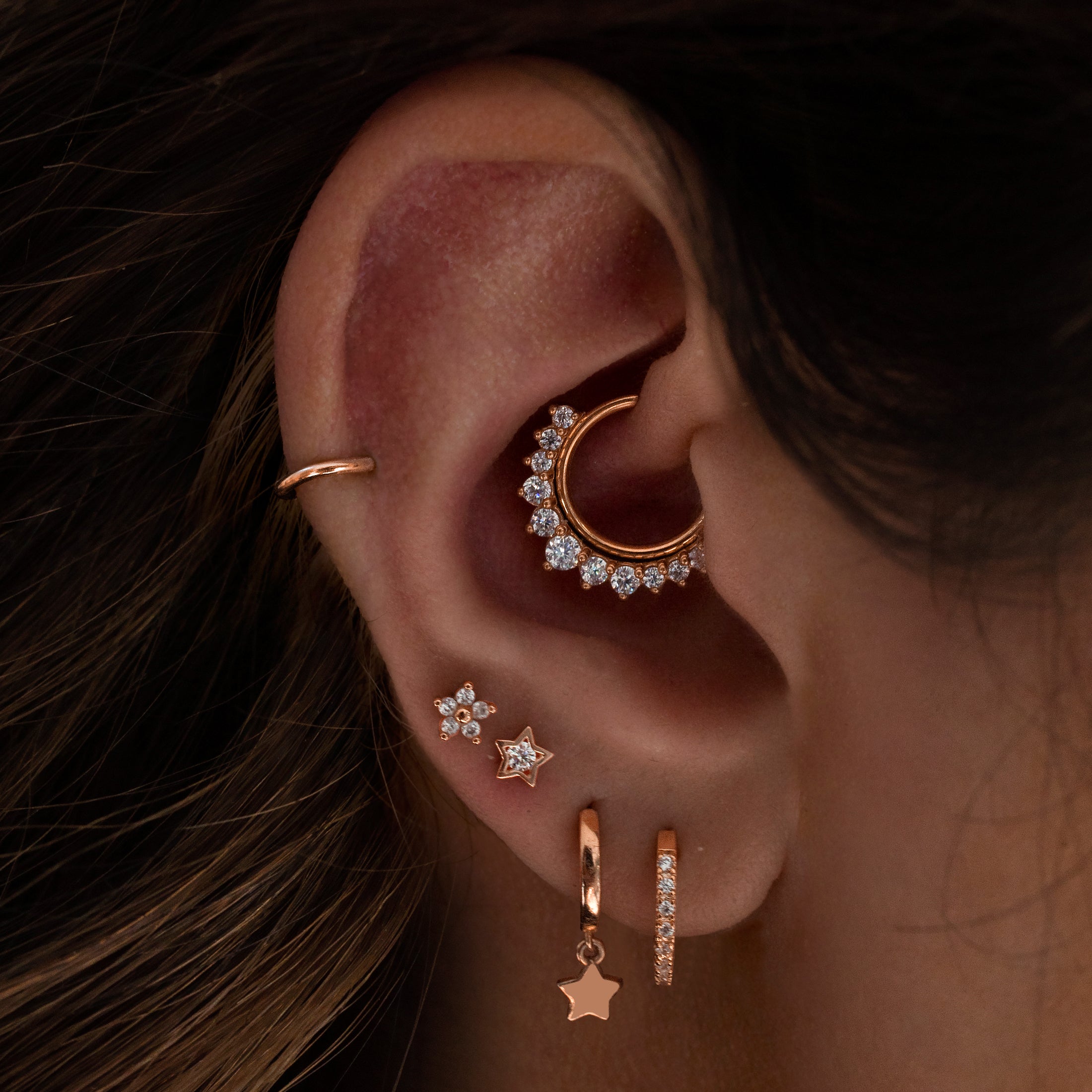 Momento Gemstone Helix Daith & Cartilage Hoop Piercing On Model - Rose Gold