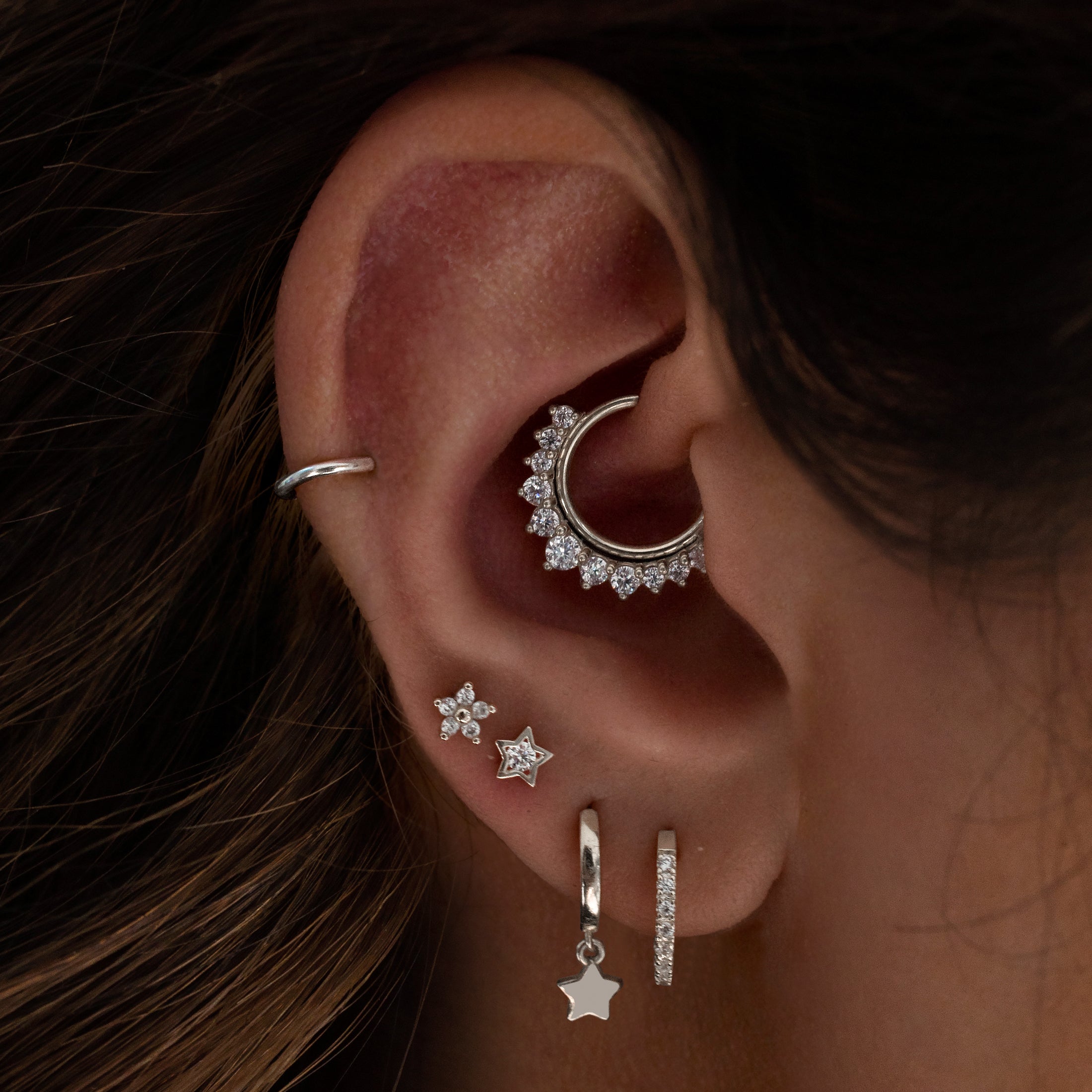 Momento Gemstone Helix Daith & Cartilage Hoop Piercing On Model - Silver