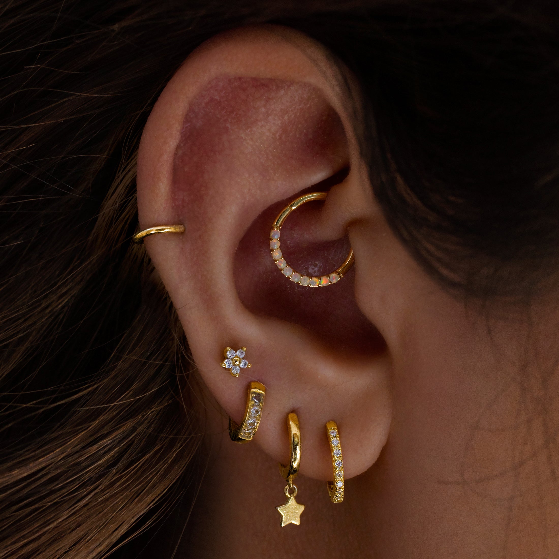 Neptune Opal Helix Daith & Cartilage Hoop Piercing On Model - 14K Solid Gold