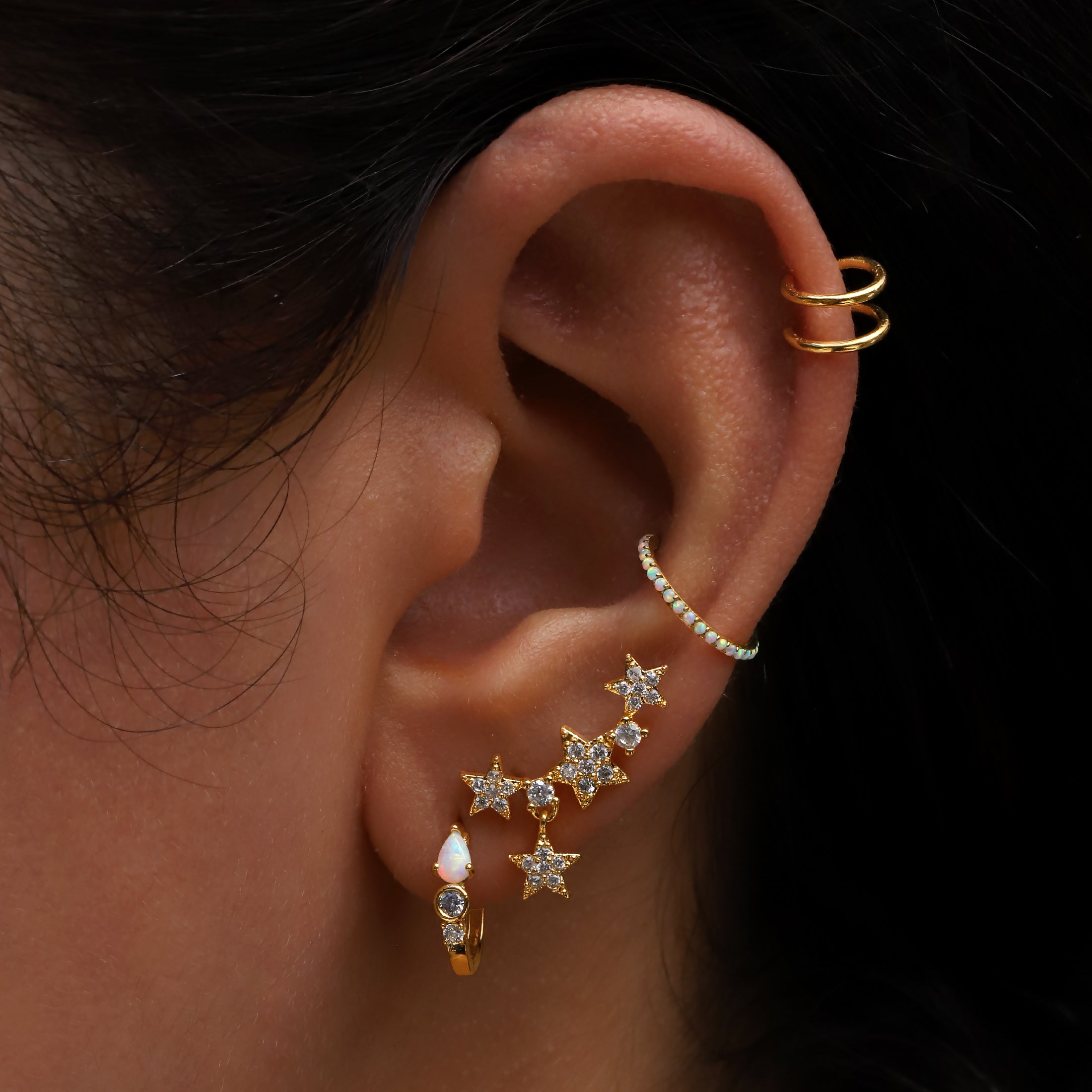Odyssey Opal Helix Conch & Cartilage Hoop Piercing On Model - 14K Solid Gold