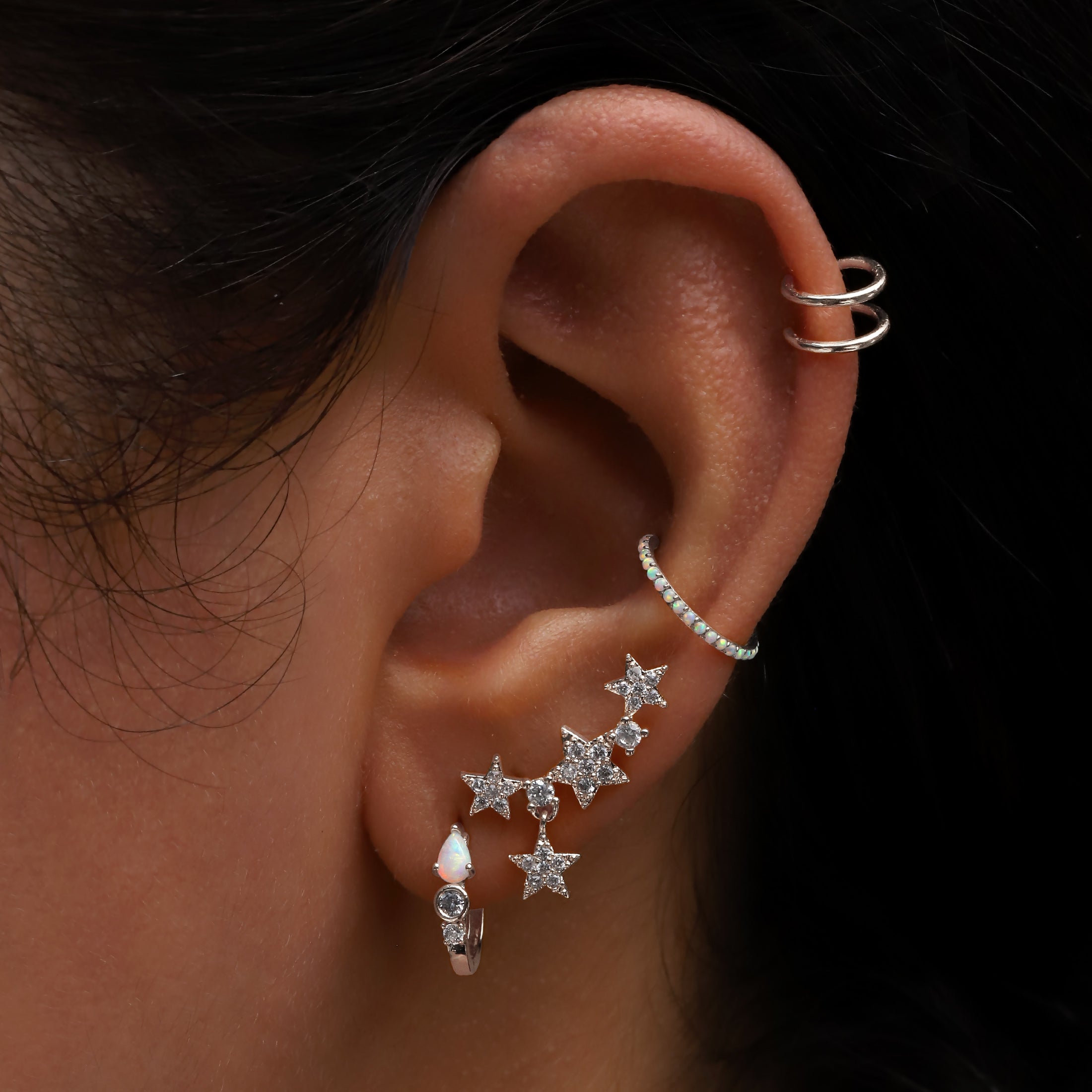 Odyssey Opal Helix Conch & Cartilage Hoop Piercing On Model - 14K Solid White Gold