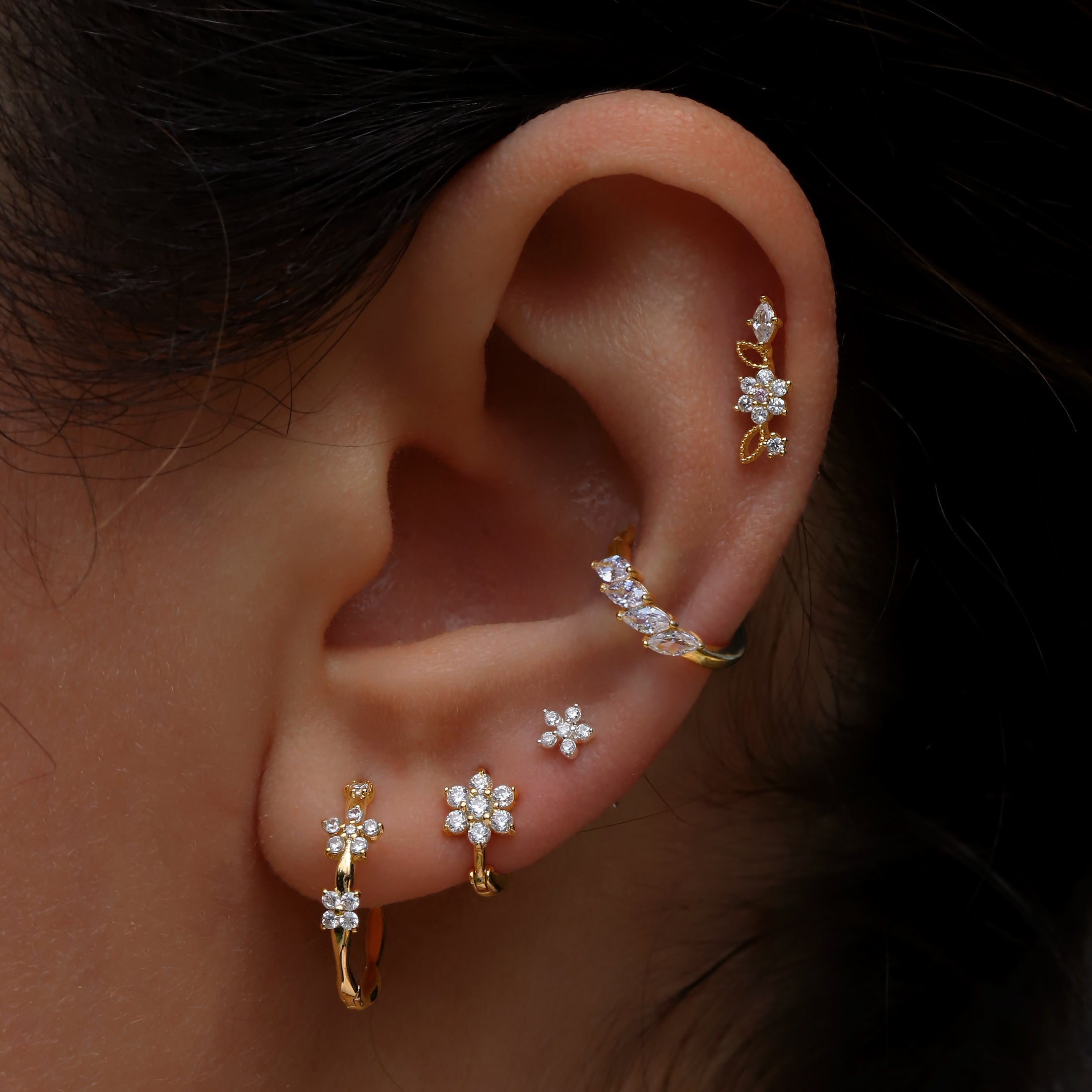 Petals Gemstone Helix conch & Cartilage Hoop Piercing  On Model - Gold