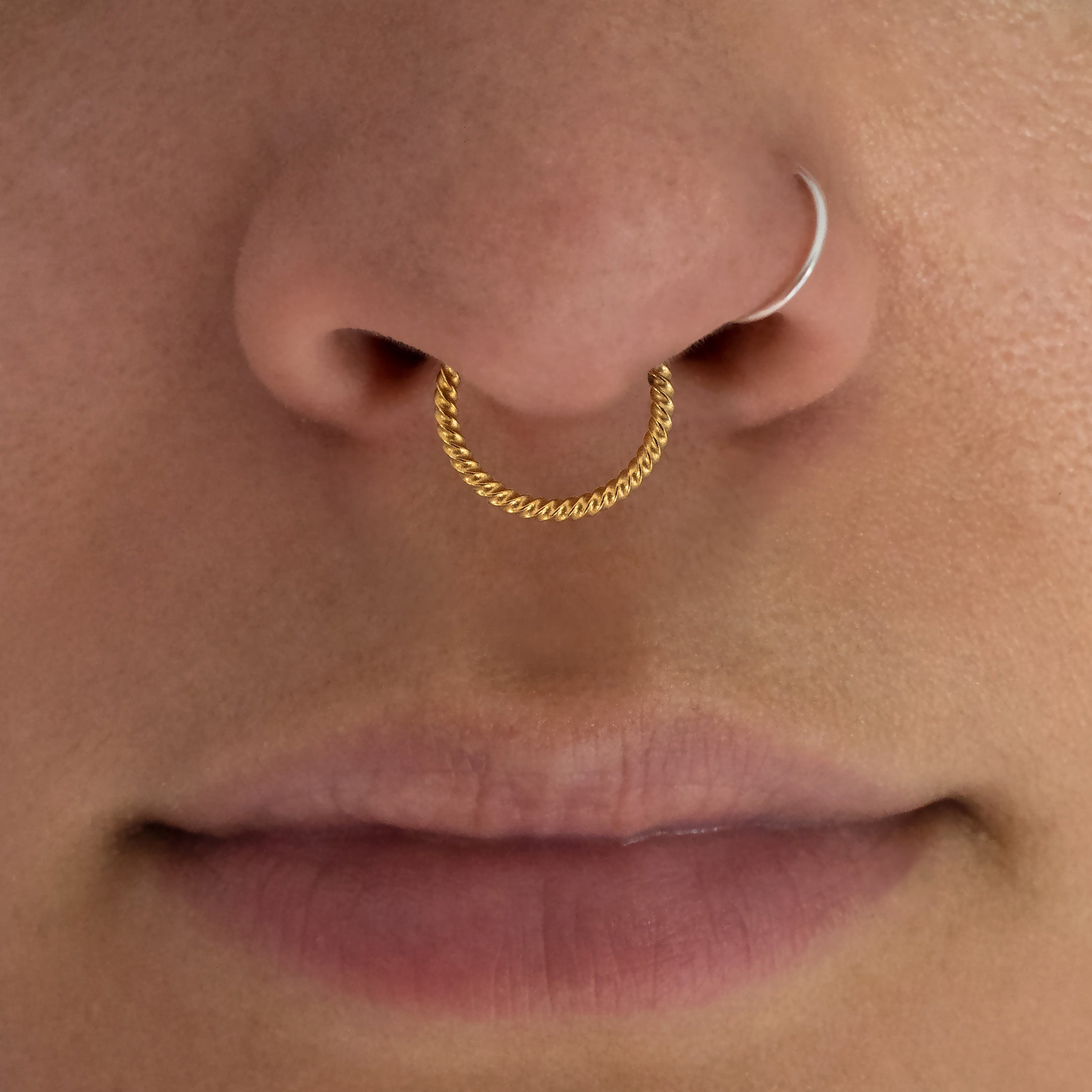 Rope Helix Conch & Cartilage Hoop Piercing On Model 2 - Gold